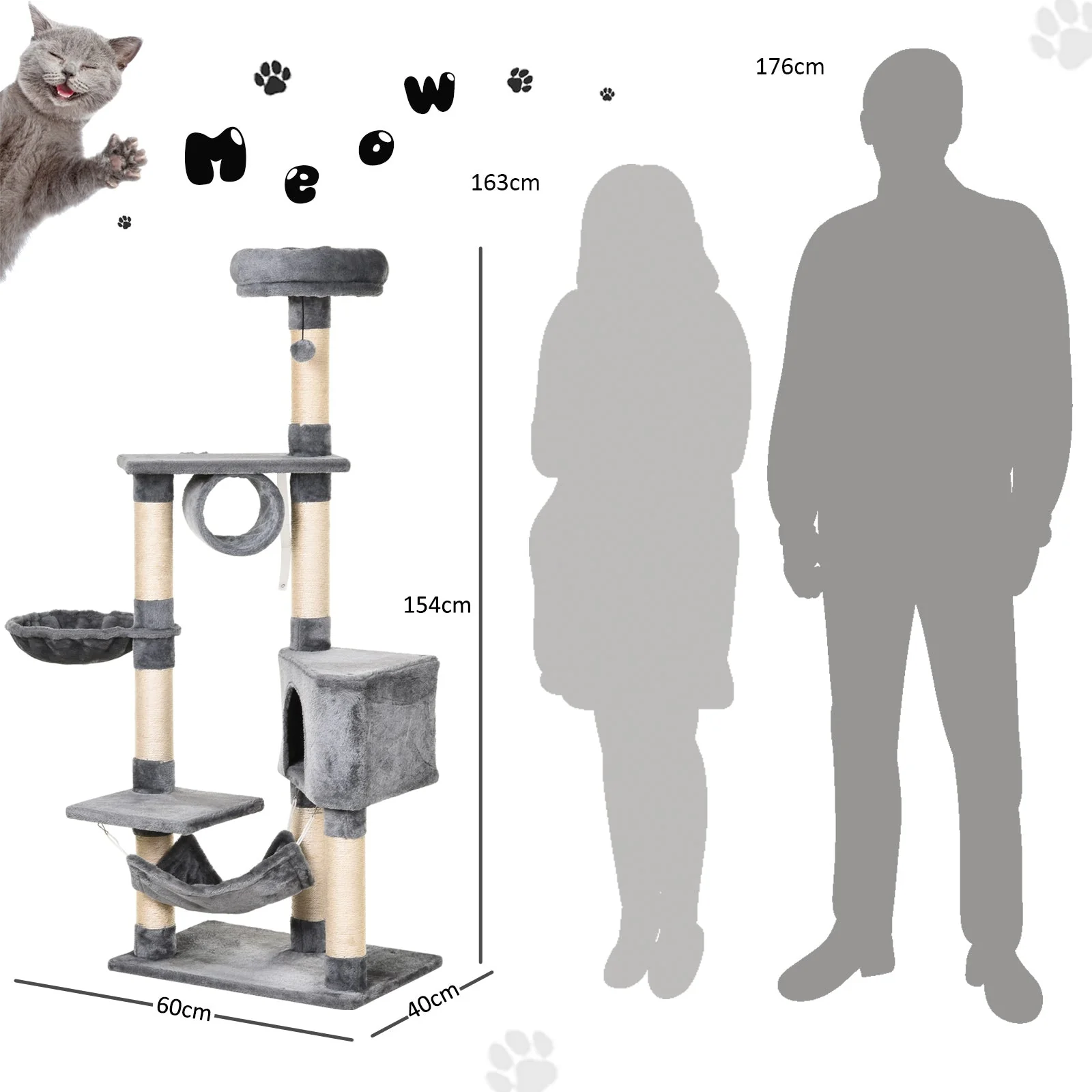 PawHut Cat Tree Tower Height 150CM Kittens Activity Stand House Scratching Posts - Image 5
