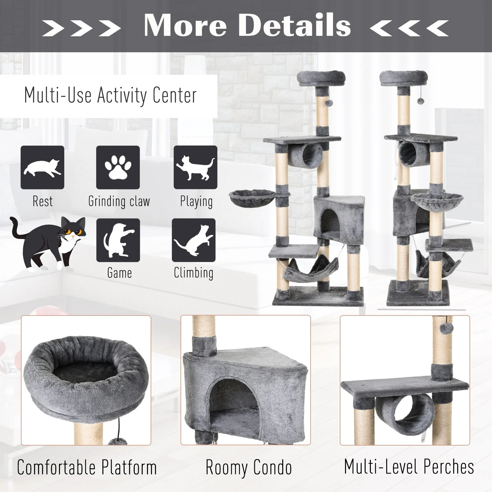 PawHut Cat Tree Tower Height 150CM Kittens Activity Stand House Scratching Posts - Image 7