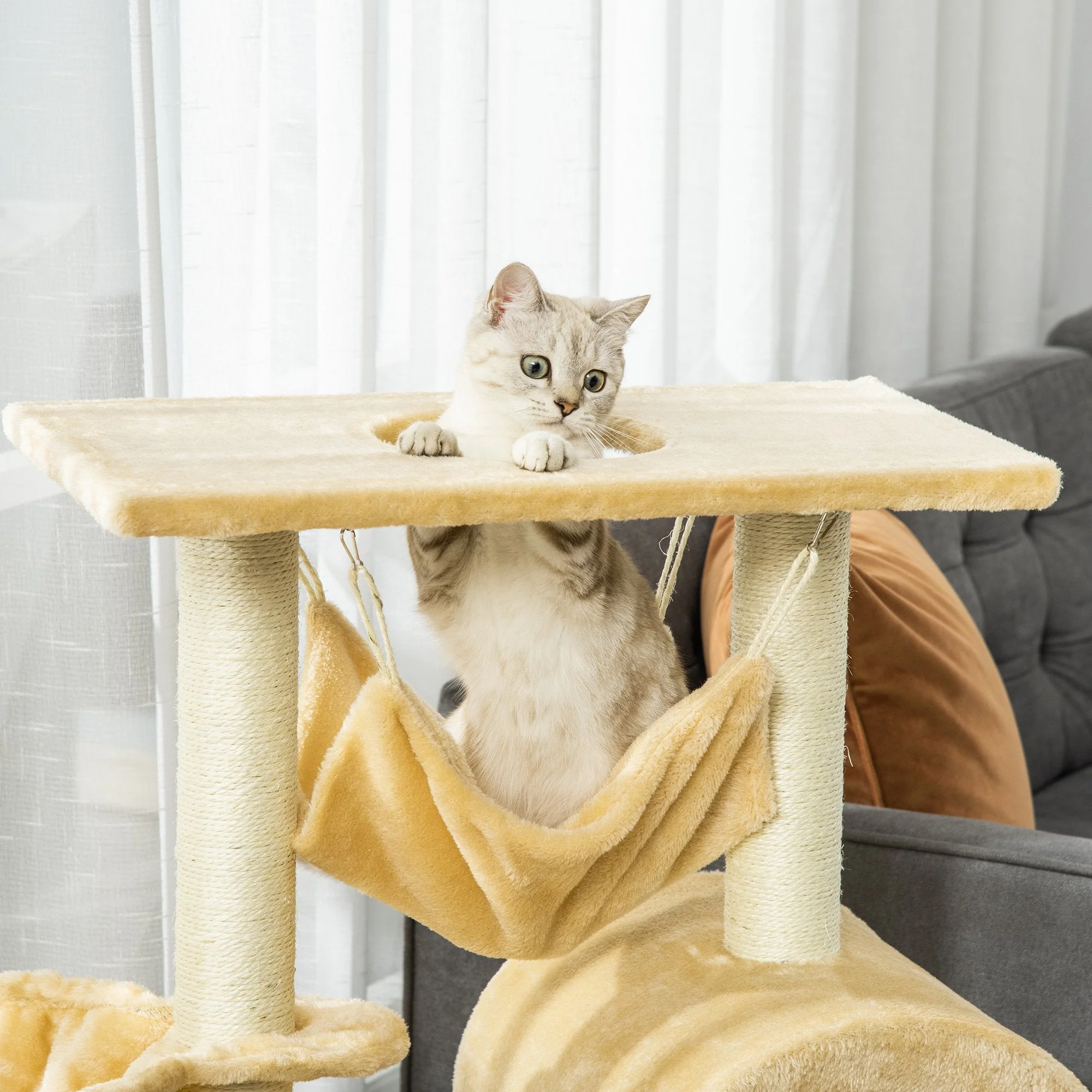 PawHut Cat Tree Tower Kitten Activity Center Scratching Post w/Hammock Condo Bed Basket - Image 2