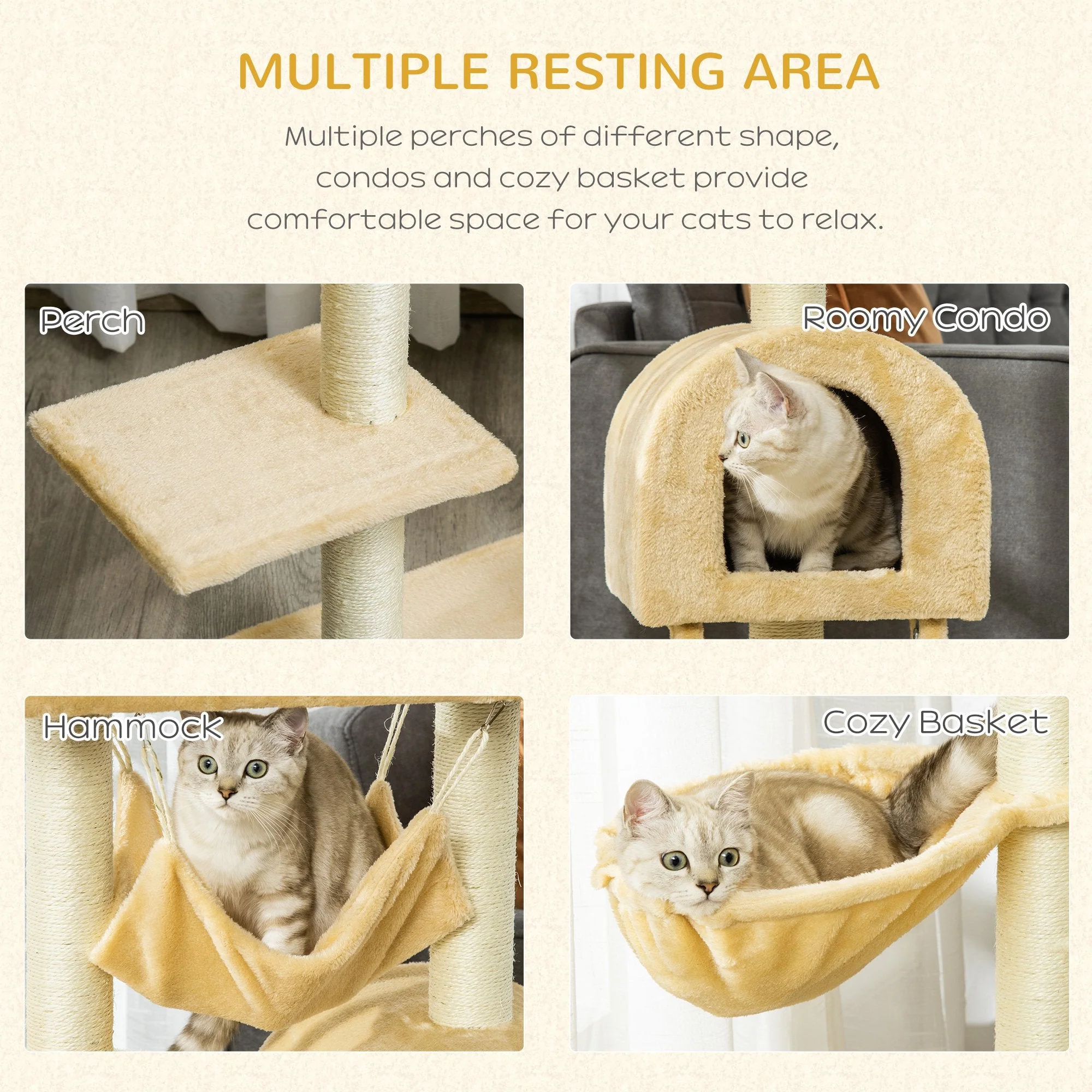 PawHut Cat Tree Tower Kitten Activity Center Scratching Post w/Hammock Condo Bed Basket - Image 7