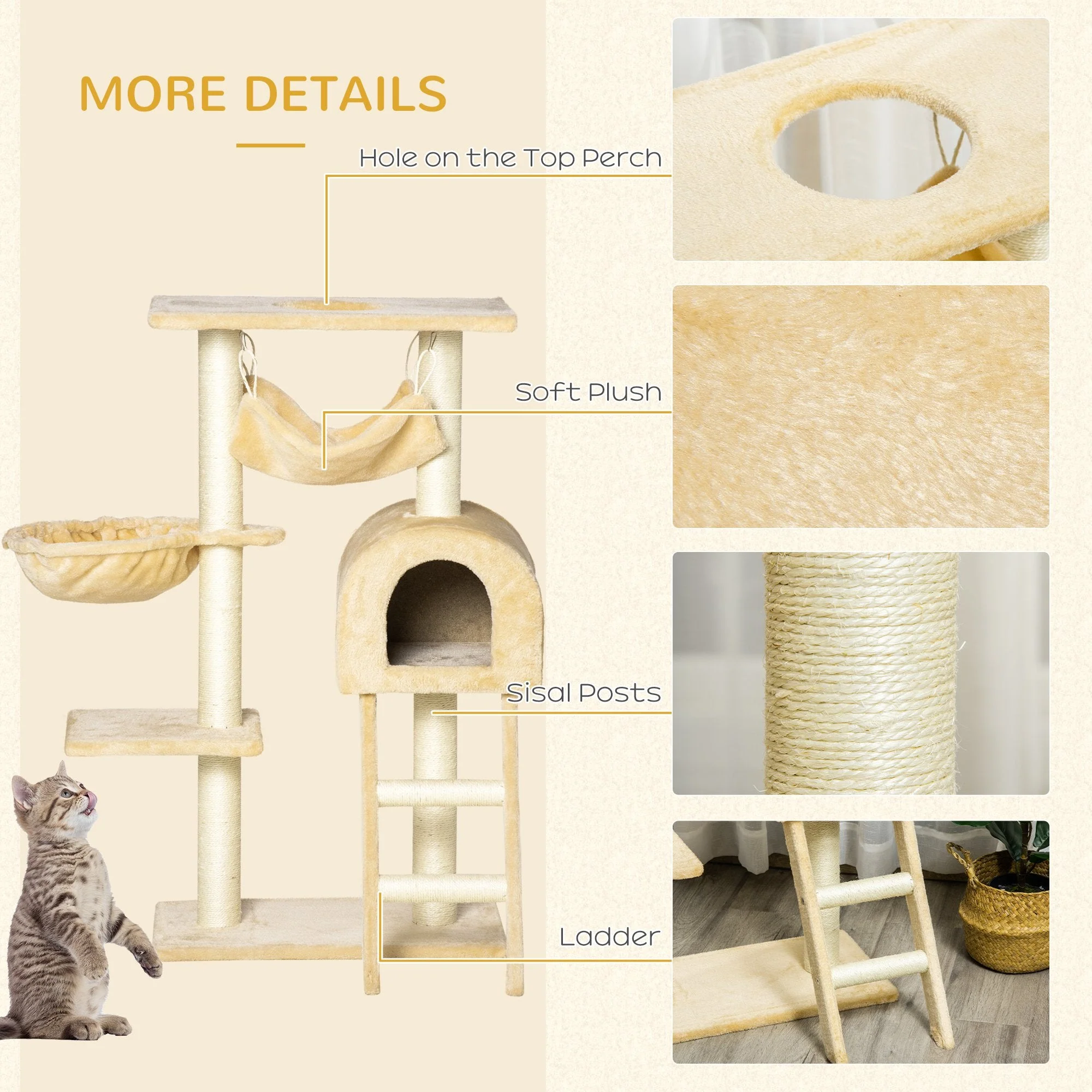 PawHut Cat Tree Tower Kitten Activity Center Scratching Post w/Hammock Condo Bed Basket - Image 8