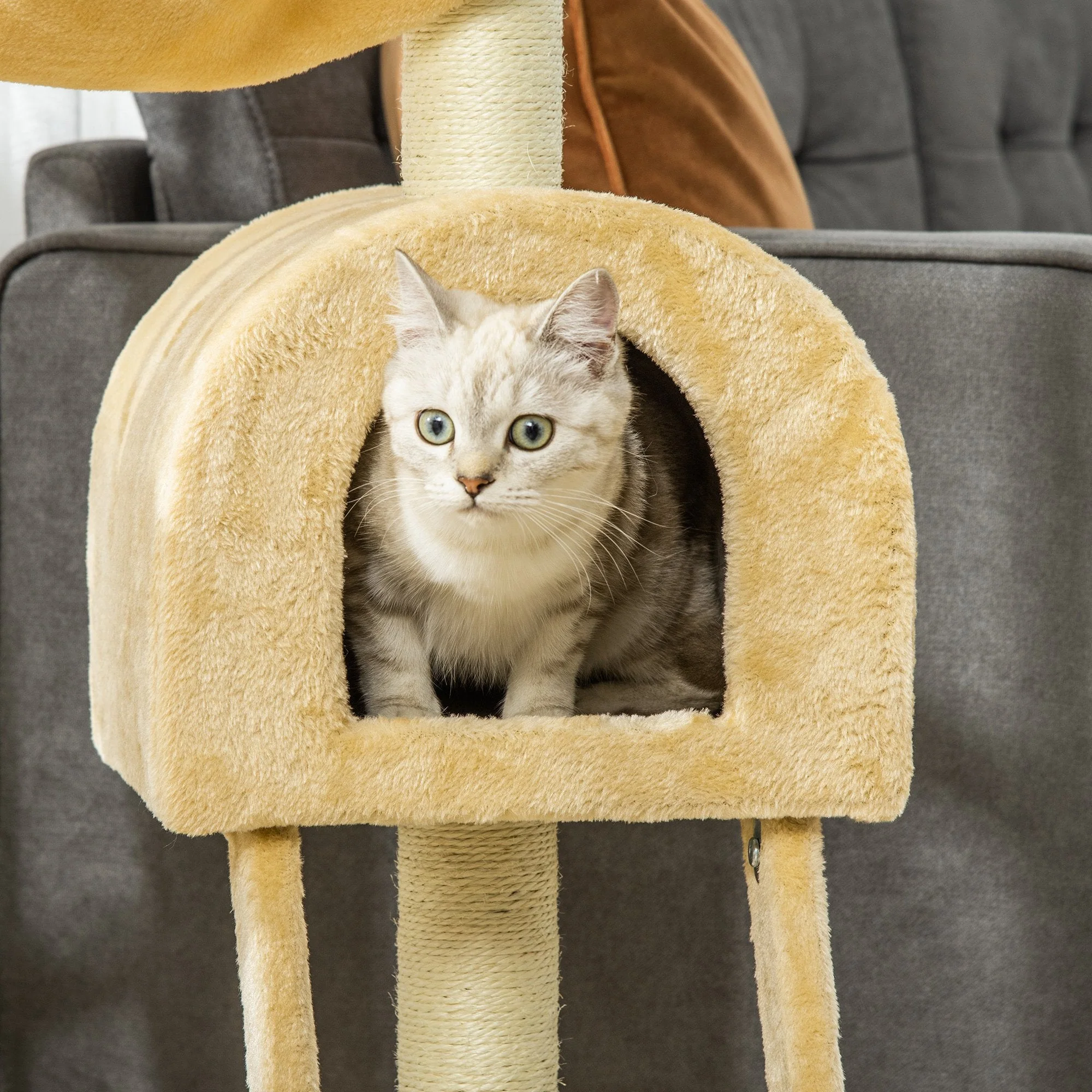 PawHut Cat Tree Tower Kitten Activity Center Scratching Post w/Hammock Condo Bed Basket - Image 9