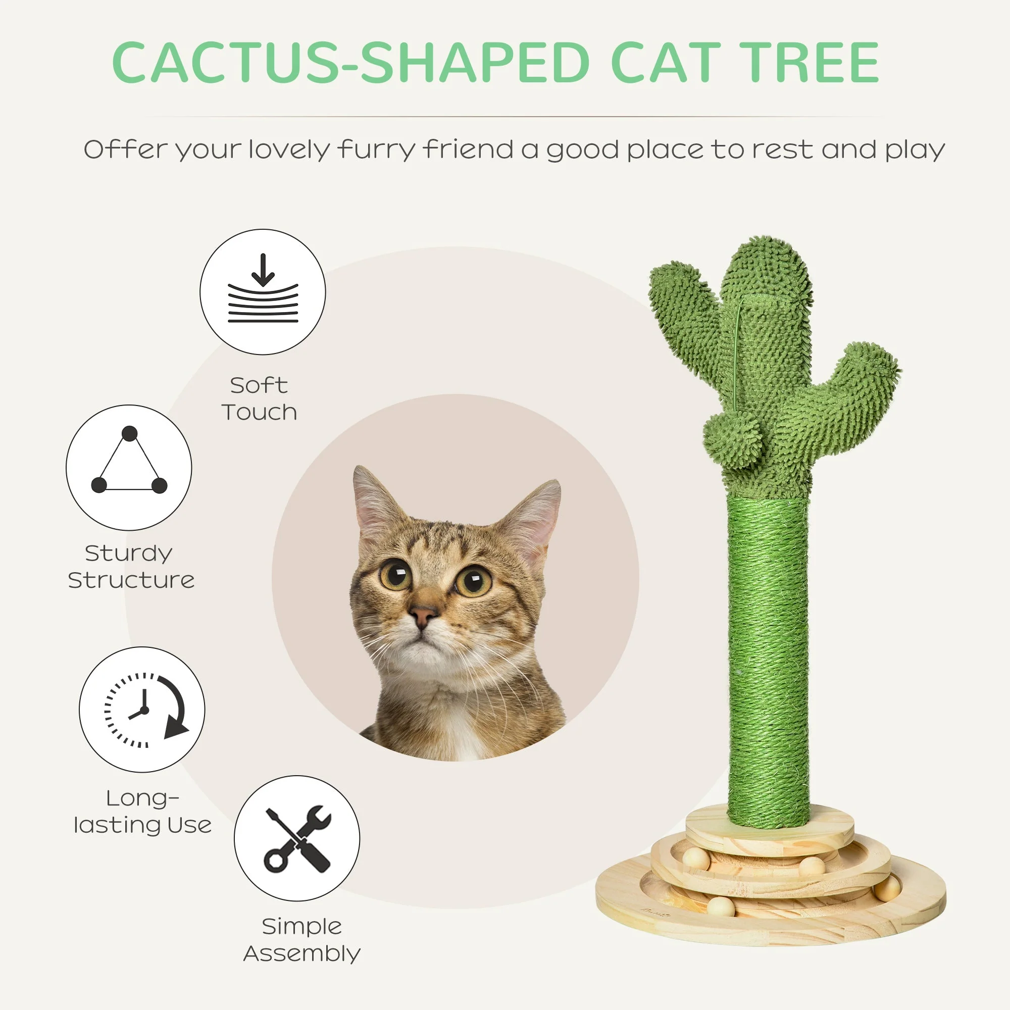 PawHut Cat Tree Tower with Sisal Scratching Post Hanging Ball Funny Cat Ball Platform - Image 5