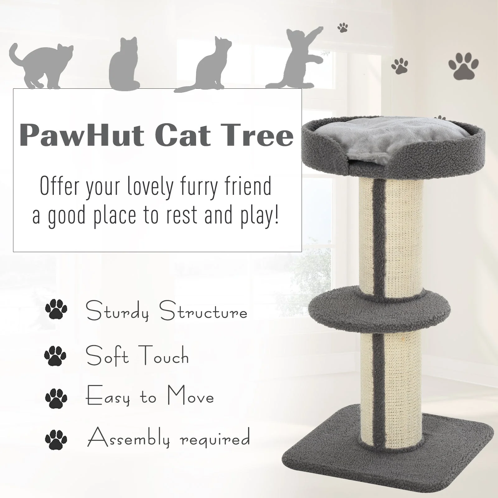 PawHut Cats 2-Tier Scratching Tree w/ Bed Grey - Image 2