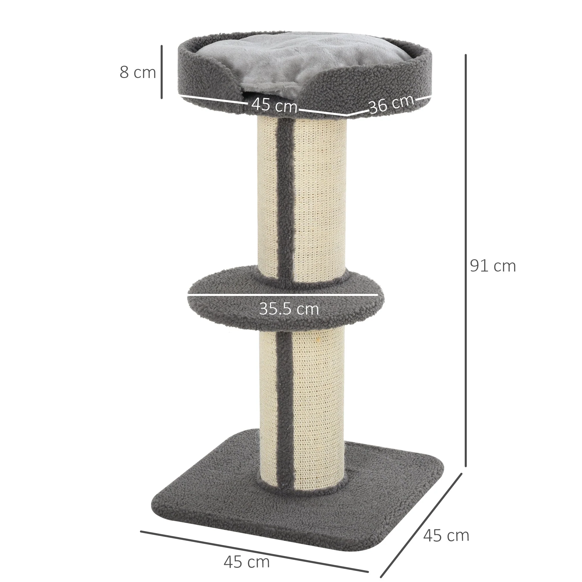 PawHut Cats 2-Tier Scratching Tree w/ Bed Grey - Image 4