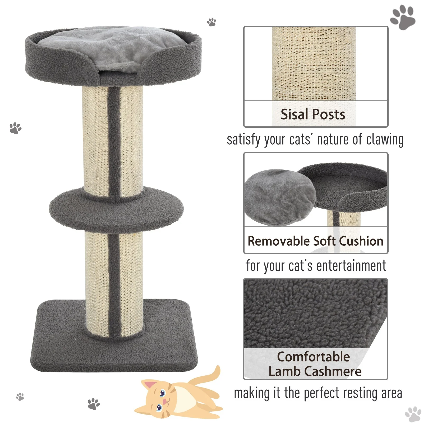 PawHut Cats 2-Tier Scratching Tree w/ Bed Grey - Image 5