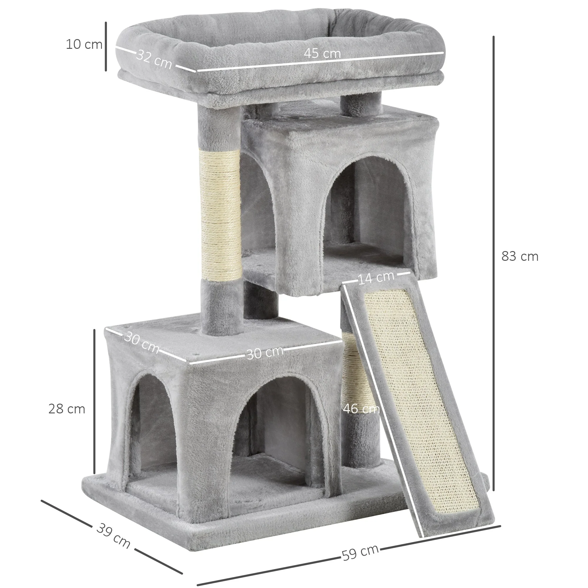 PawHut Cats 3-Tier Sisal Rope Leisure Tree Light Grey - Image 3