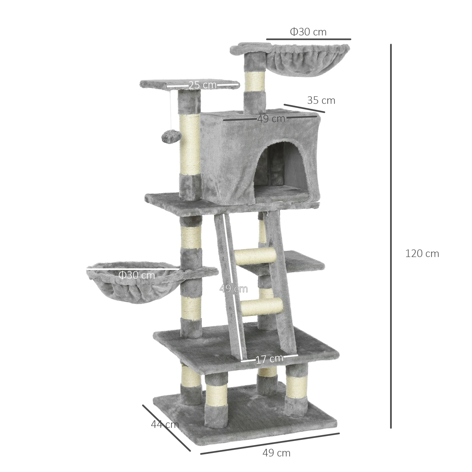 PawHut Cats 6-Tier Sisal Rope Activity Tree w/ Dangle Toy Grey - Image 3