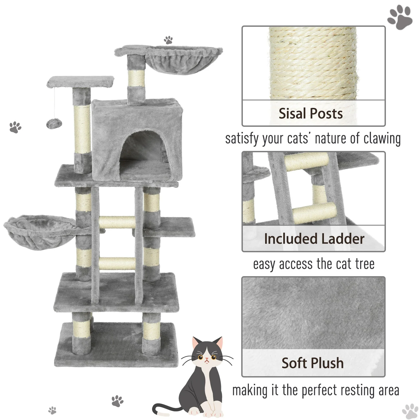 PawHut Cats 6-Tier Sisal Rope Activity Tree w/ Dangle Toy Grey - Image 4
