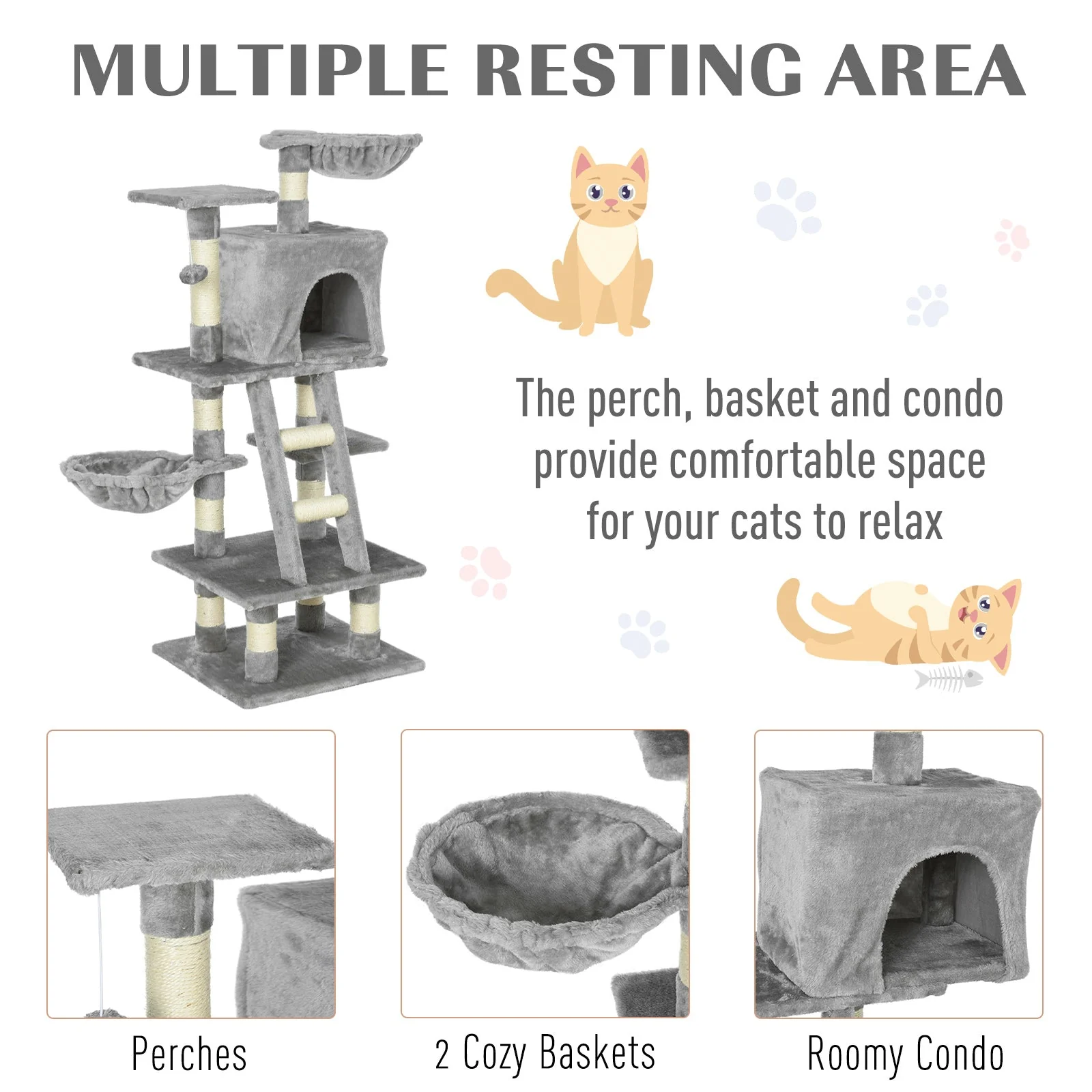 PawHut Cats 6-Tier Sisal Rope Activity Tree w/ Dangle Toy Grey - Image 5