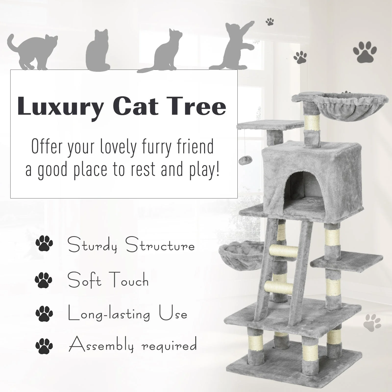 PawHut Cats 6-Tier Sisal Rope Activity Tree w/ Dangle Toy Grey - Image 7