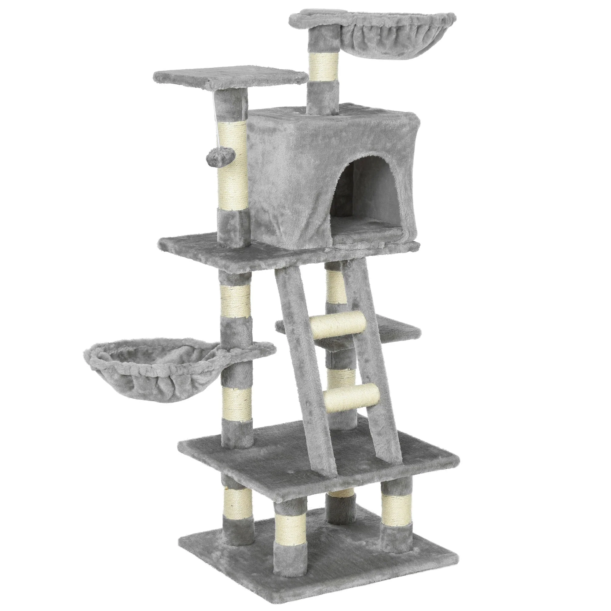 PawHut Cats 6-Tier Sisal Rope Activity Tree w/ Dangle Toy Grey - Image 9