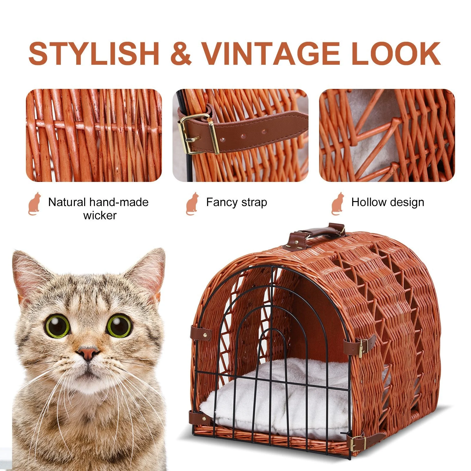 PawHut Cats Medium Portable Wicker Pet Travel Carrier Natural Tone - Image 5