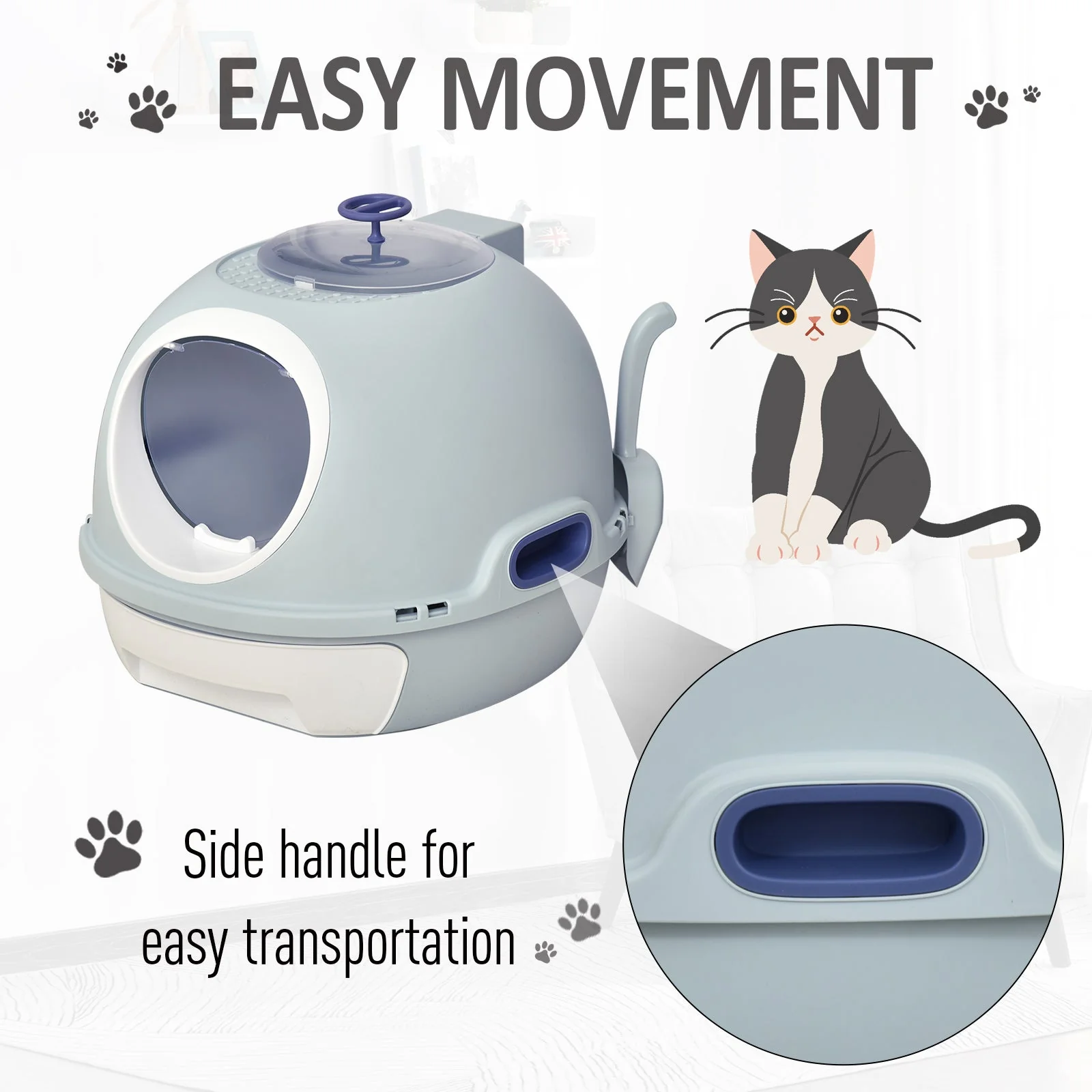 PawHut Cats Rooftop Plastic Easy Clean Litter Box Blue - Image 2