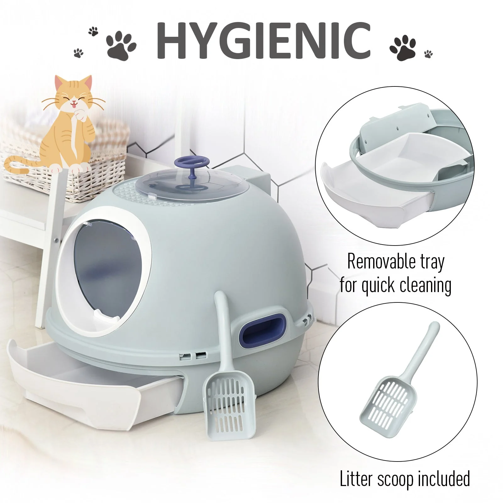 PawHut Cats Rooftop Plastic Easy Clean Litter Box Blue - Image 5