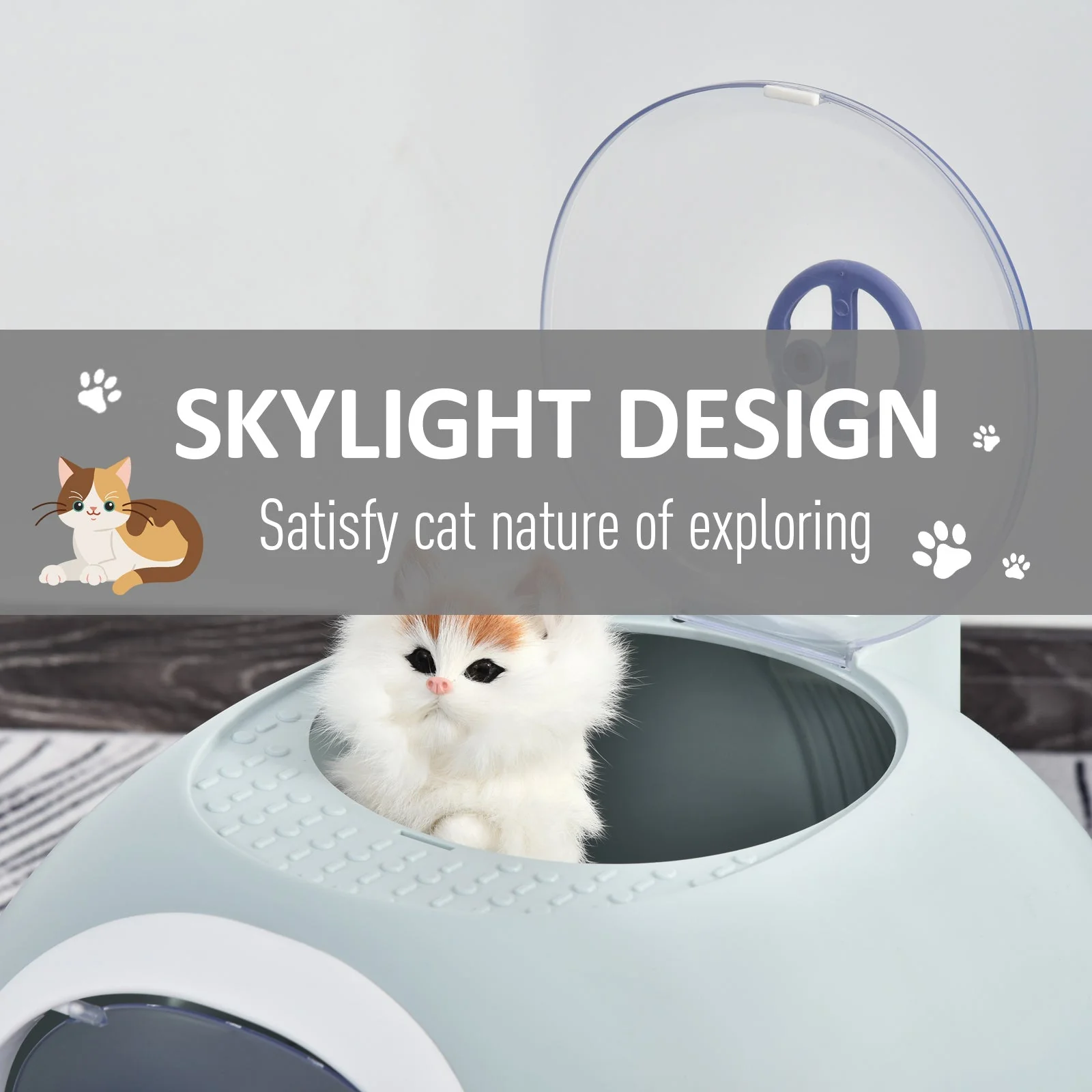 PawHut Cats Rooftop Plastic Easy Clean Litter Box Blue - Image 6