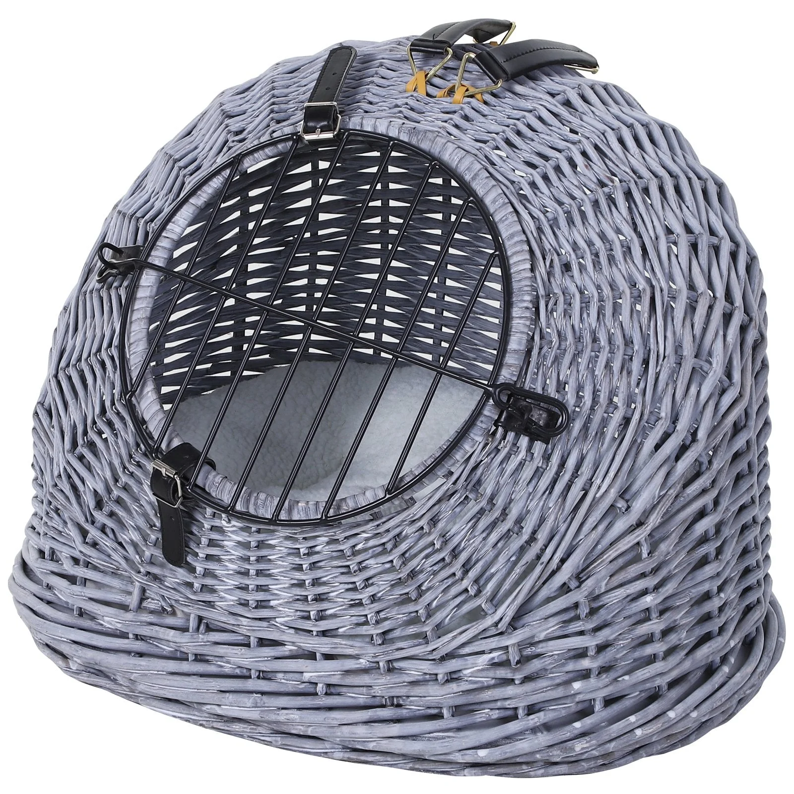 PawHut Cats Wicker Travel Carrier Basket w/ Plush Cushion Grey - Image 3