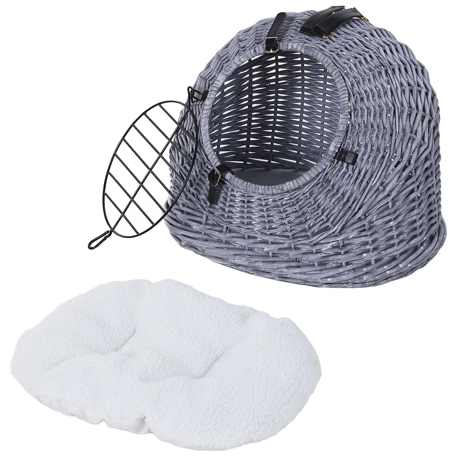 PawHut Cats Wicker Travel Carrier Basket w/ Plush Cushion Grey - Image 4