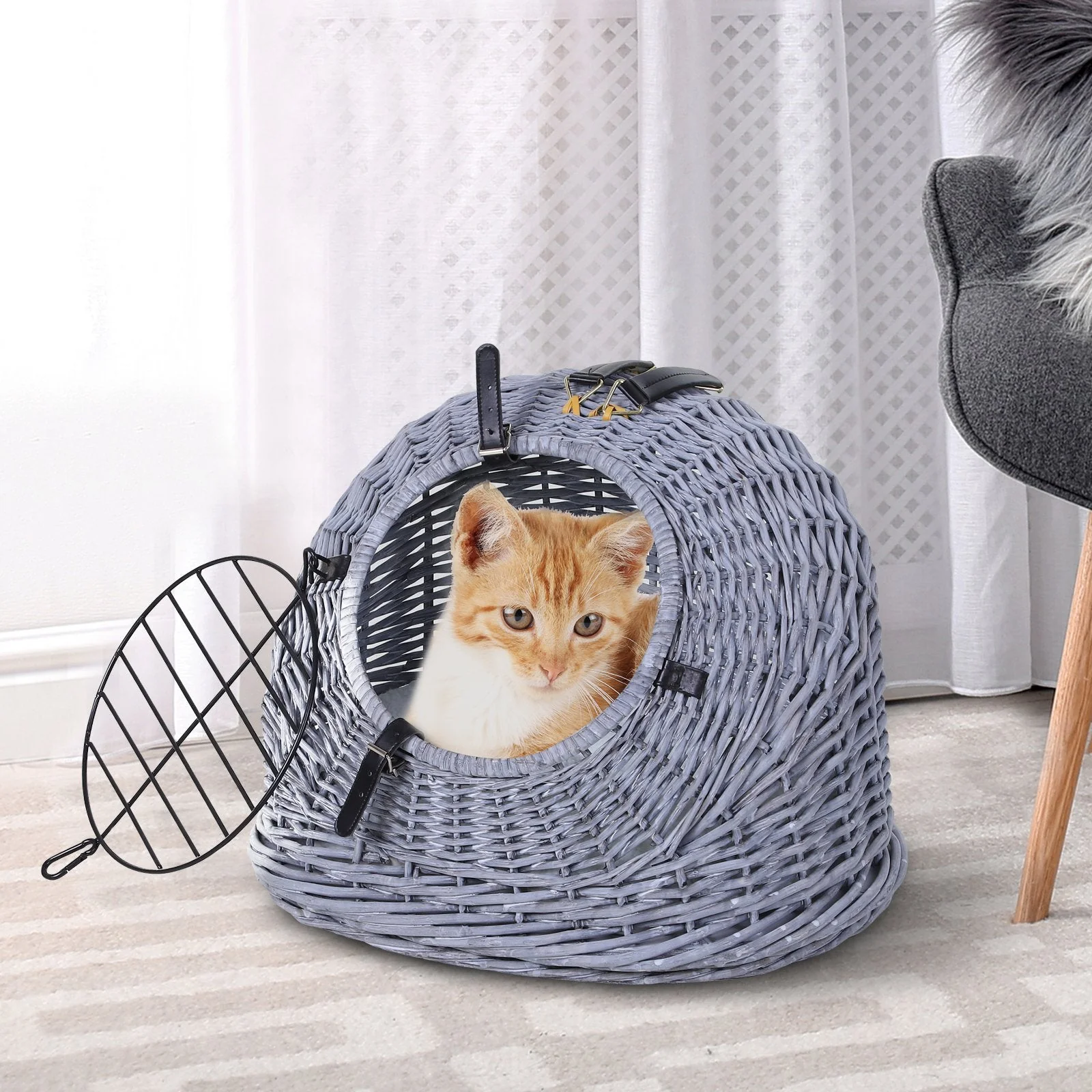 PawHut Cats Wicker Travel Carrier Basket w/ Plush Cushion Grey - Image 5