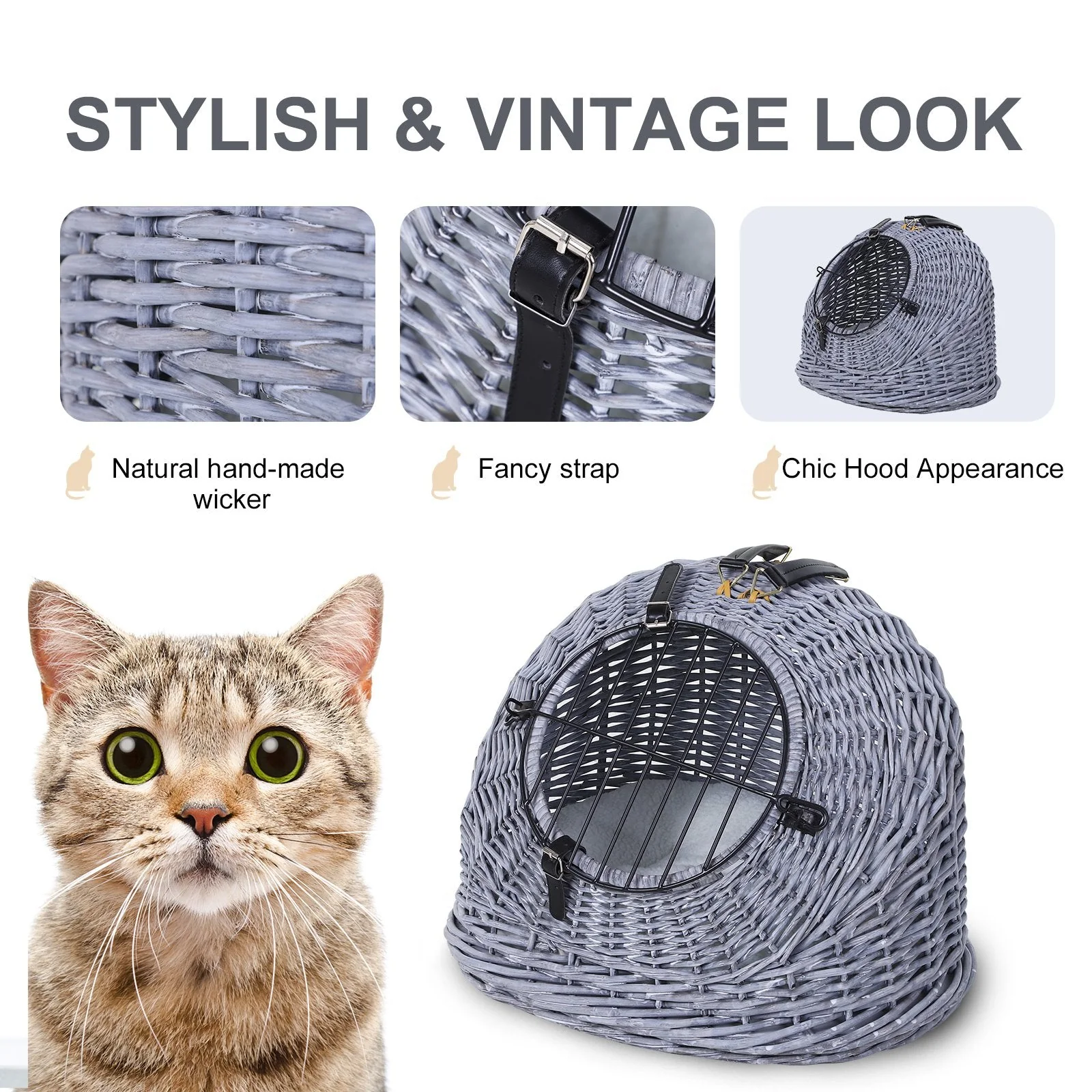 PawHut Cats Wicker Travel Carrier Basket w/ Plush Cushion Grey - Image 6