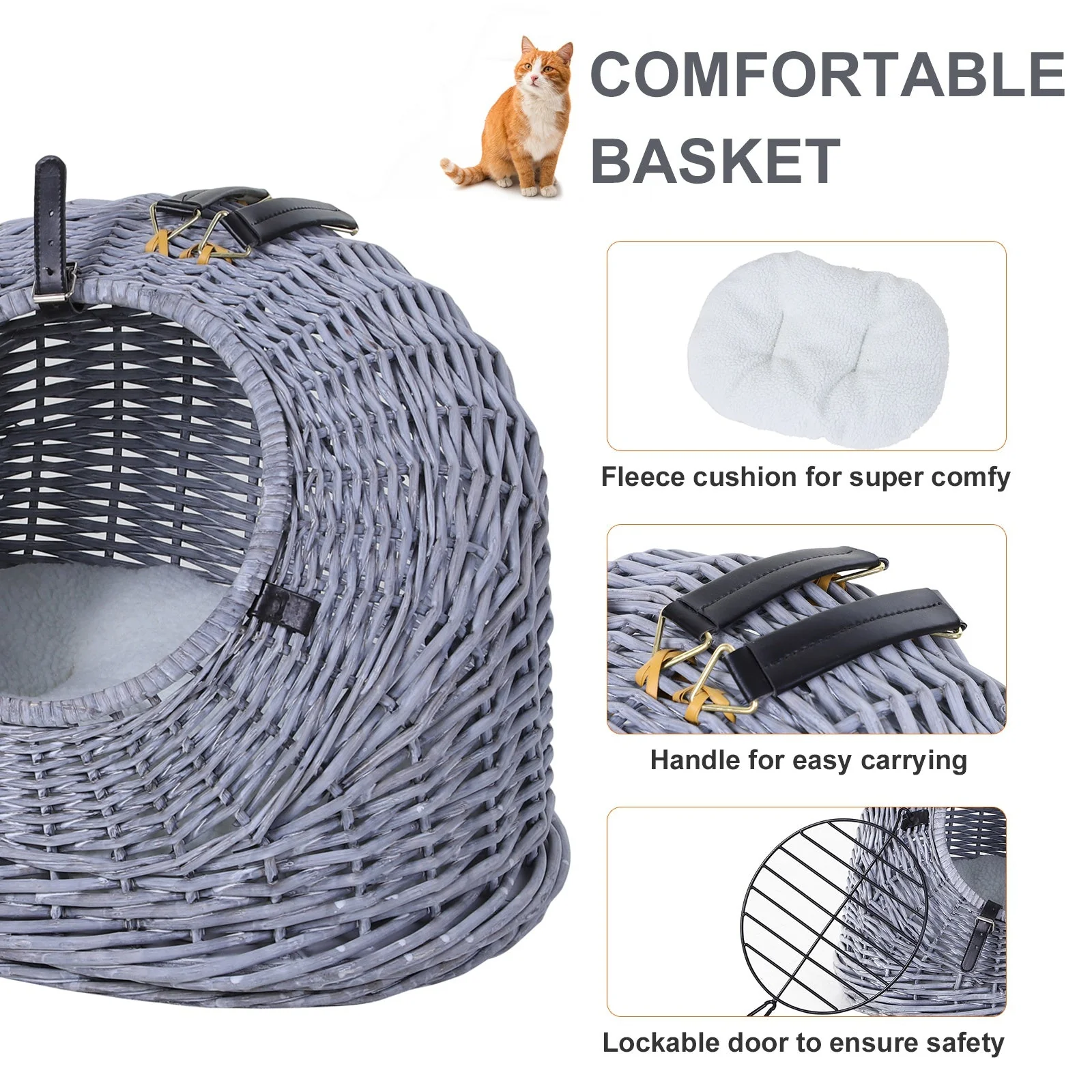 PawHut Cats Wicker Travel Carrier Basket w/ Plush Cushion Grey - Image 7