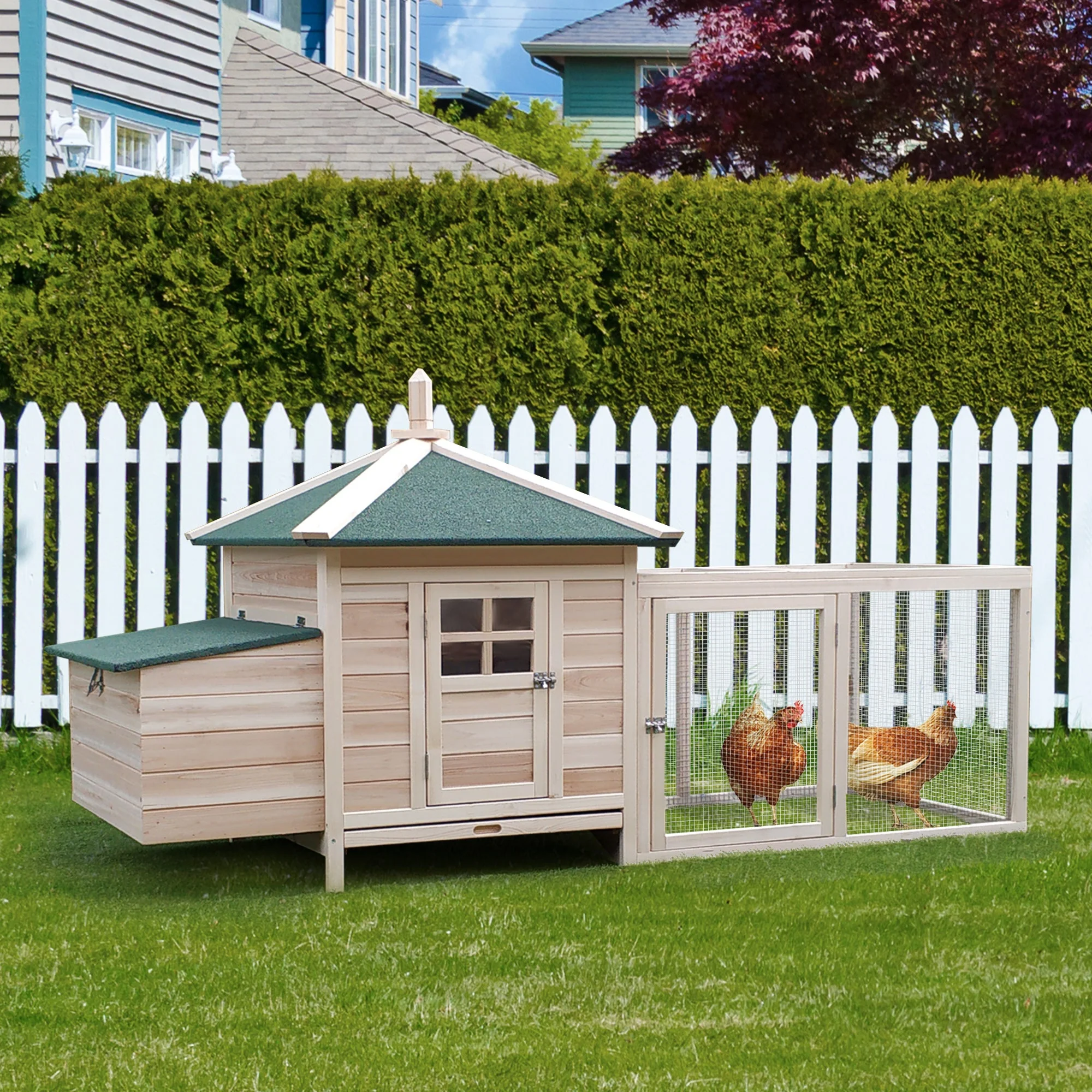 PawHut Chicken Coop Small Animal Pet Cage w/ Nesting Box Outdoor Run Backyard Wooden - Image 3