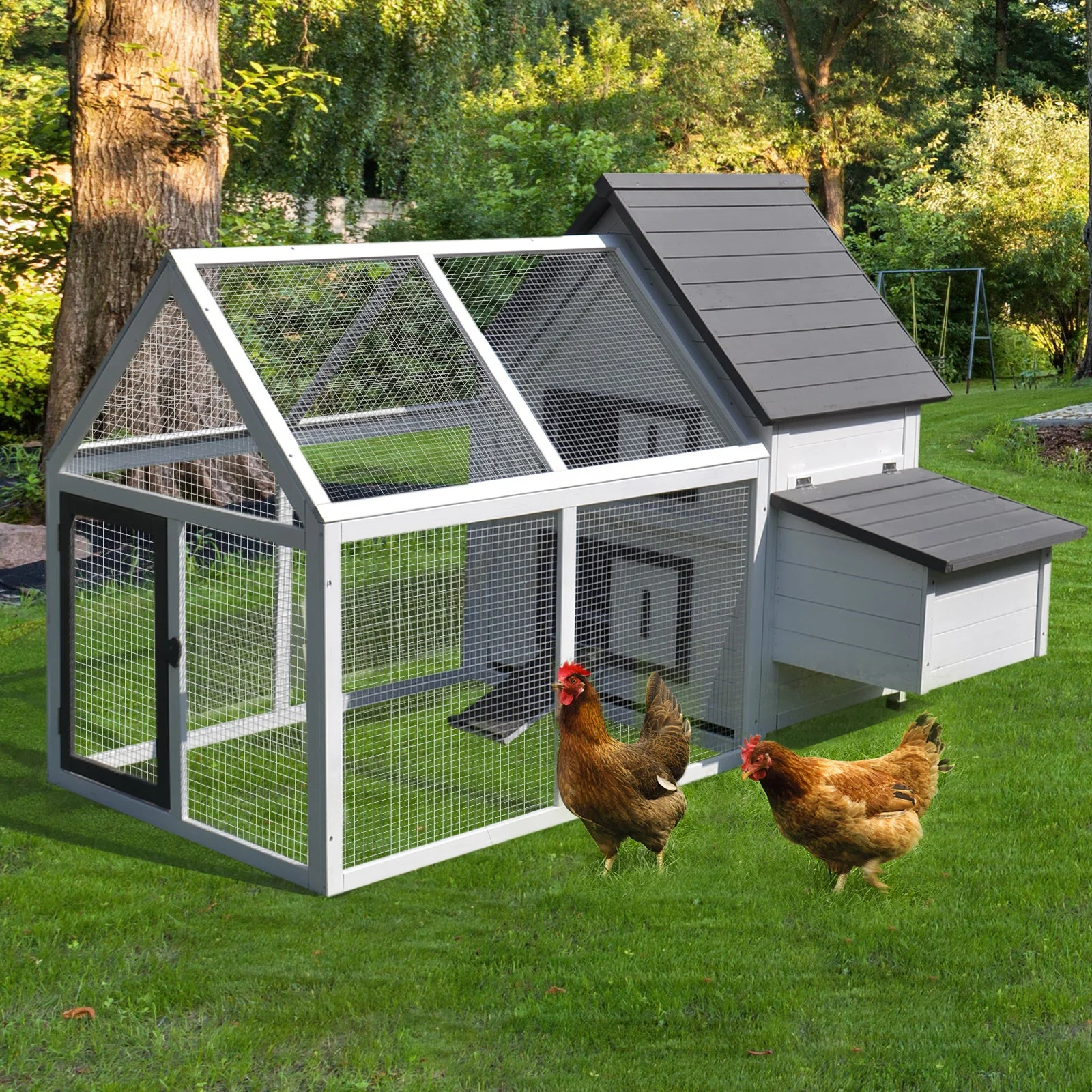 PawHut Chicken Coop with Run Wooden Hen House Pet Poultry Coops Cages Small Animal Outdoor Pen with Nesting Box 166 x 124 x 112cm - Image 3