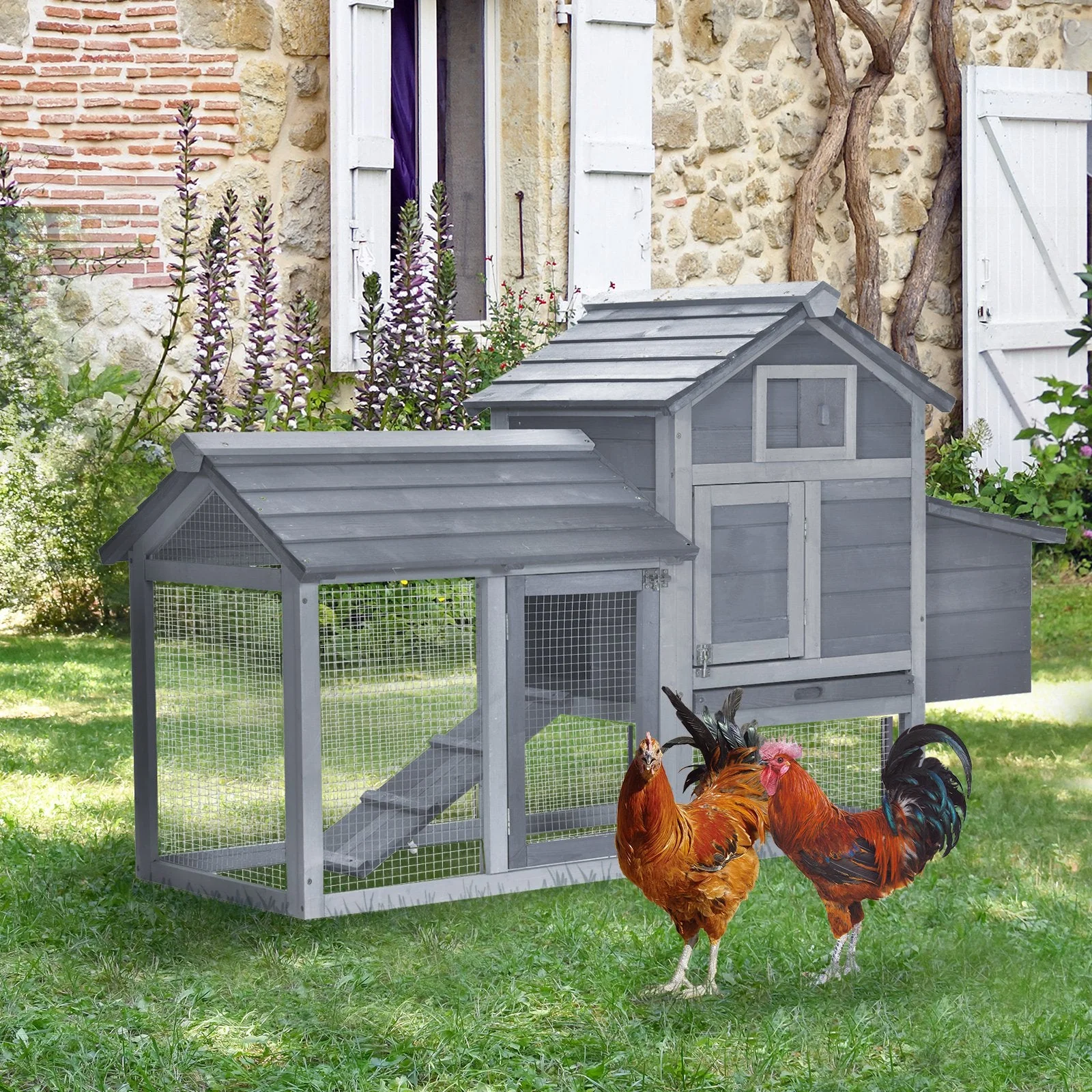 PawHut Chicken's 2-Tier Fir Wood Hutch Grey - Image 4
