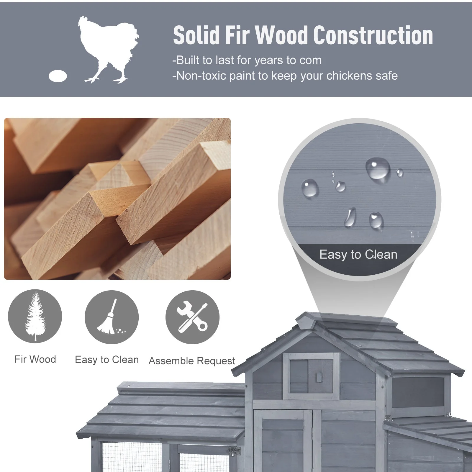 PawHut Chicken's 2-Tier Fir Wood Hutch Grey - Image 6