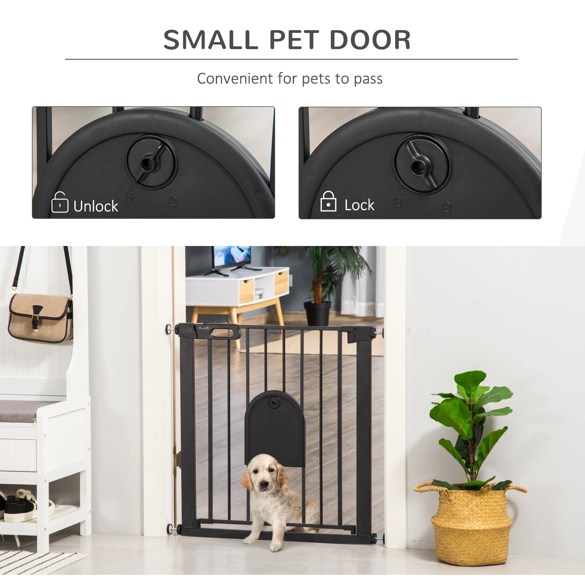 PawHut Dog Gate with Cat Flap Pet Safety Gate Barrier - Image 8