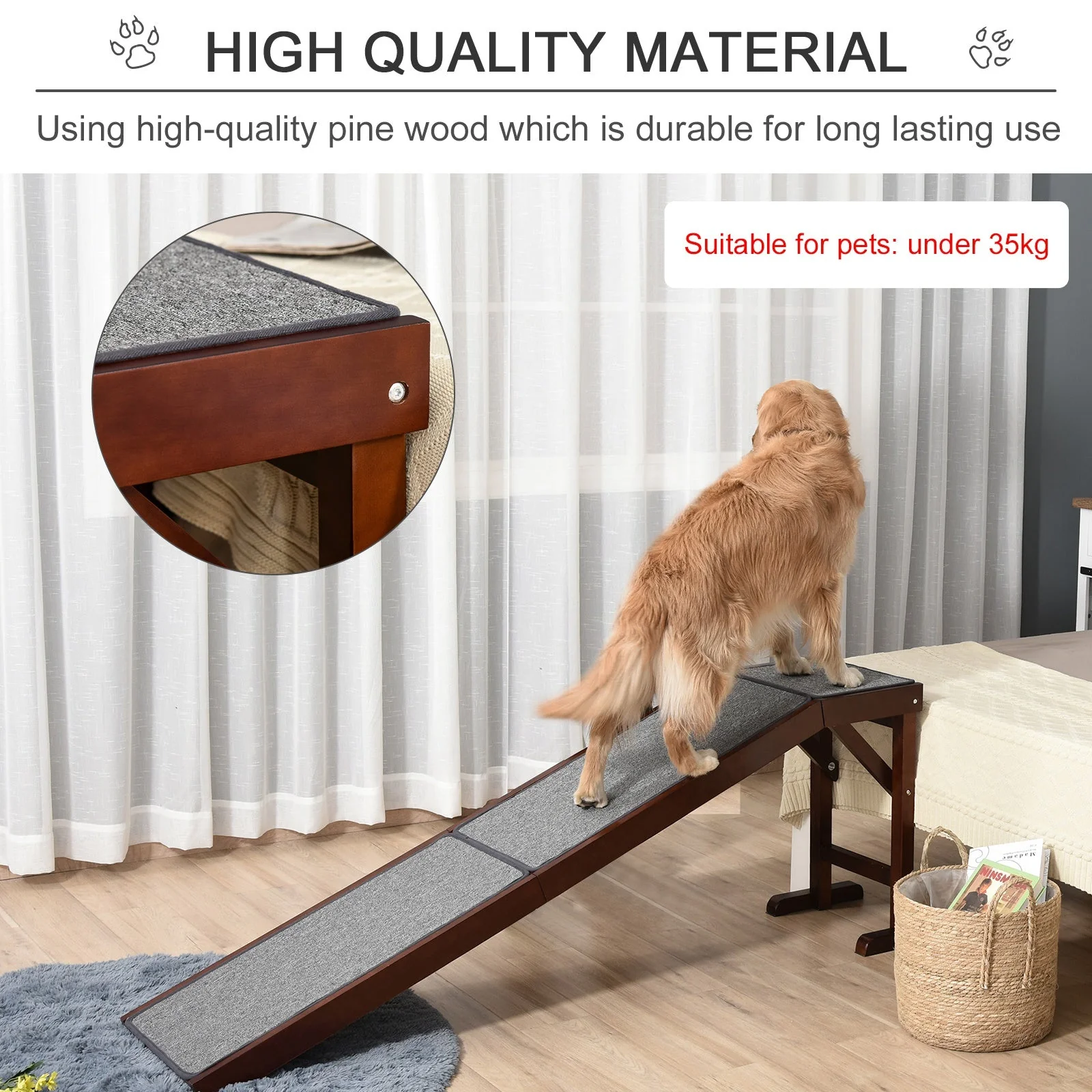 PawHut Dog Ramp Foldable with Non-slip Carpet Top Platform Brown Grey - Image 4