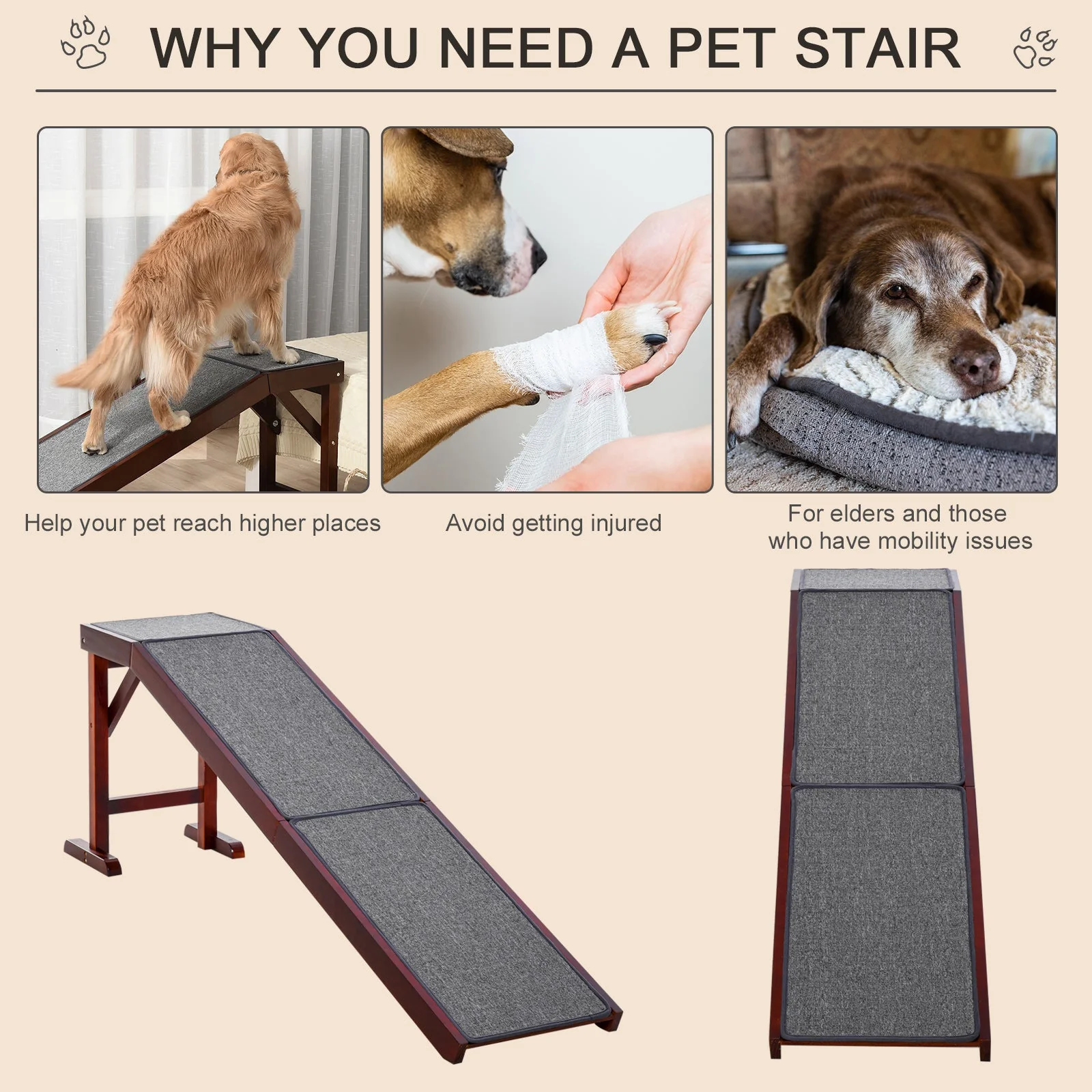 PawHut Dog Ramp Foldable with Non-slip Carpet Top Platform Brown Grey - Image 5