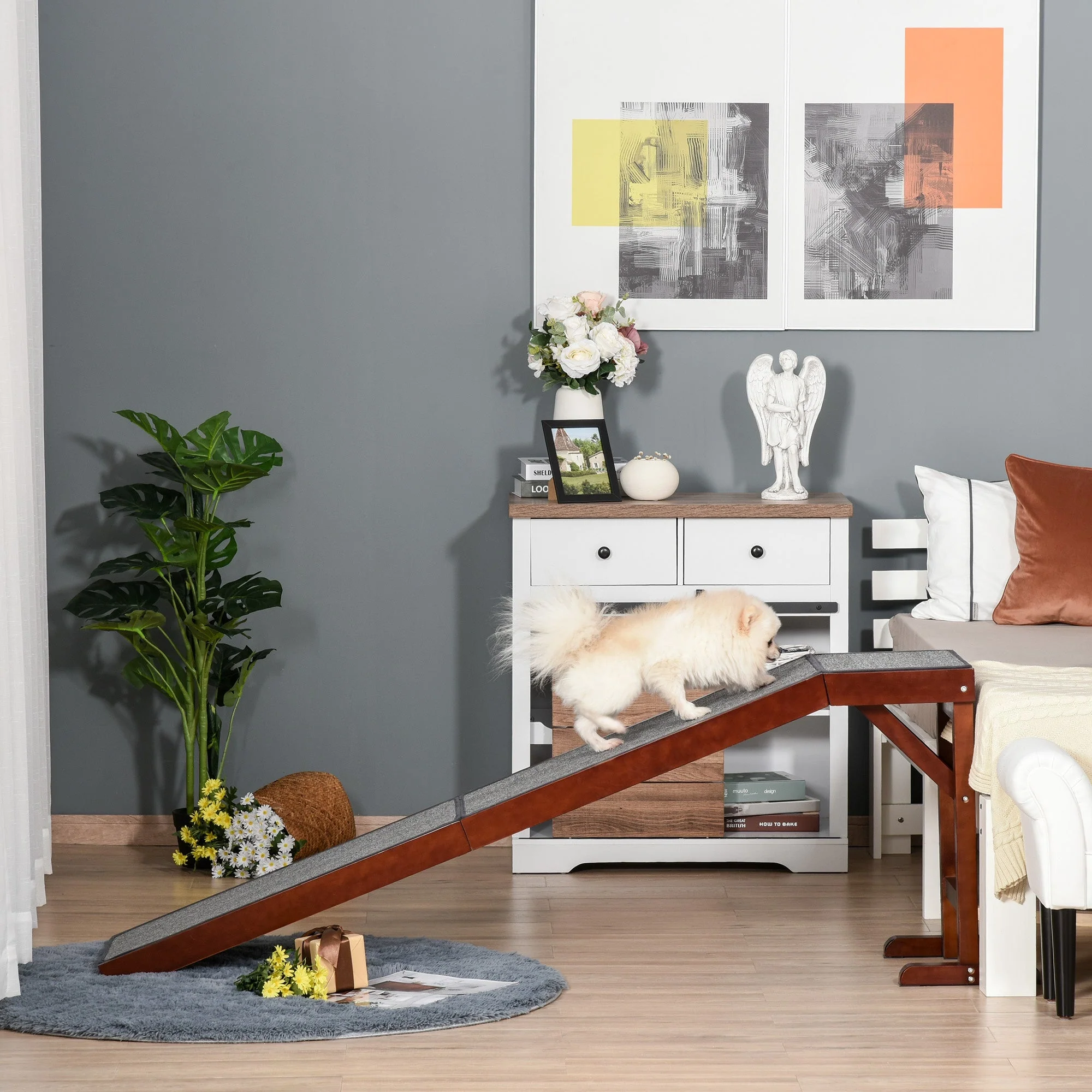 PawHut Dog Ramp Foldable with Non-slip Carpet Top Platform Brown Grey - Image 6