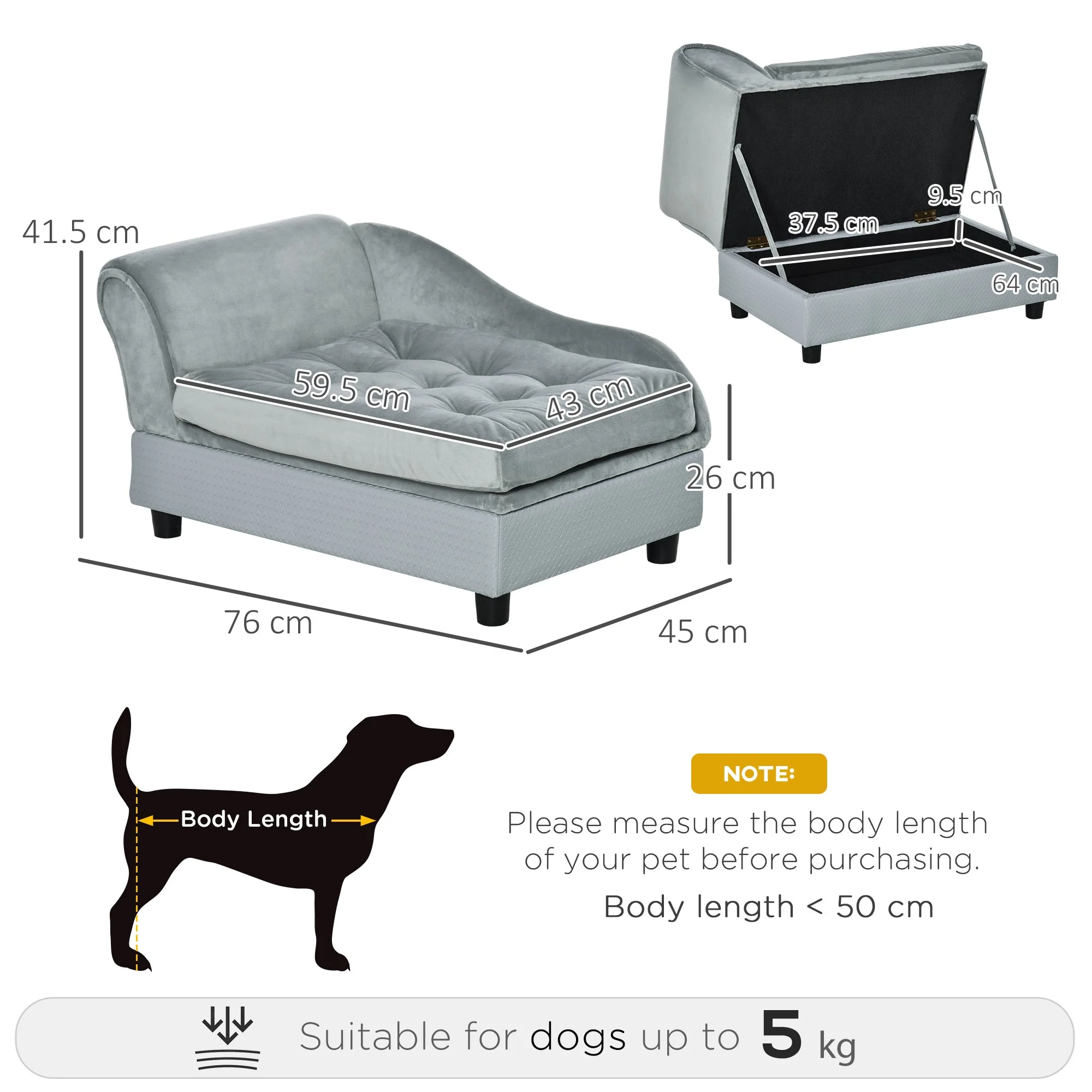 Pawhut Dog Sofa With Storage Pet Chair For Small Dogs Cat Couch With Soft Cushion Light Blue 76 X 45 X 41.5 cm - Image 2