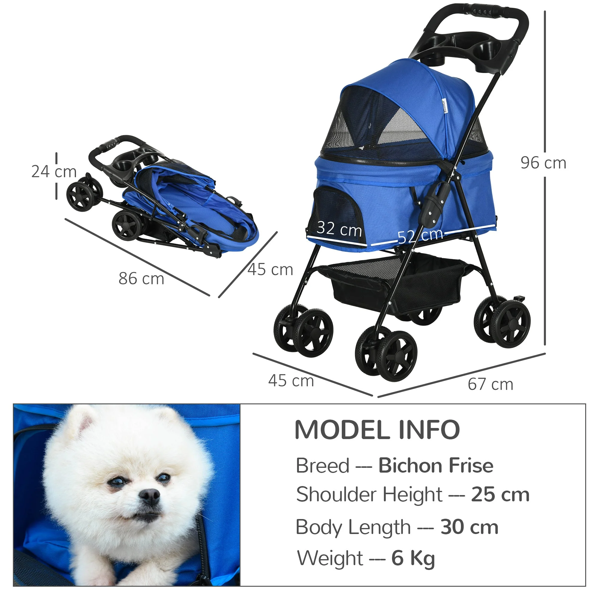 PawHut Dog Stroller Pet Cat Travel Pushchair One-Click Fold Trolley Jogger with EVA Wheels Brake Basket Adjustable Canopy Safety Leash for Small Dogs - Image 2
