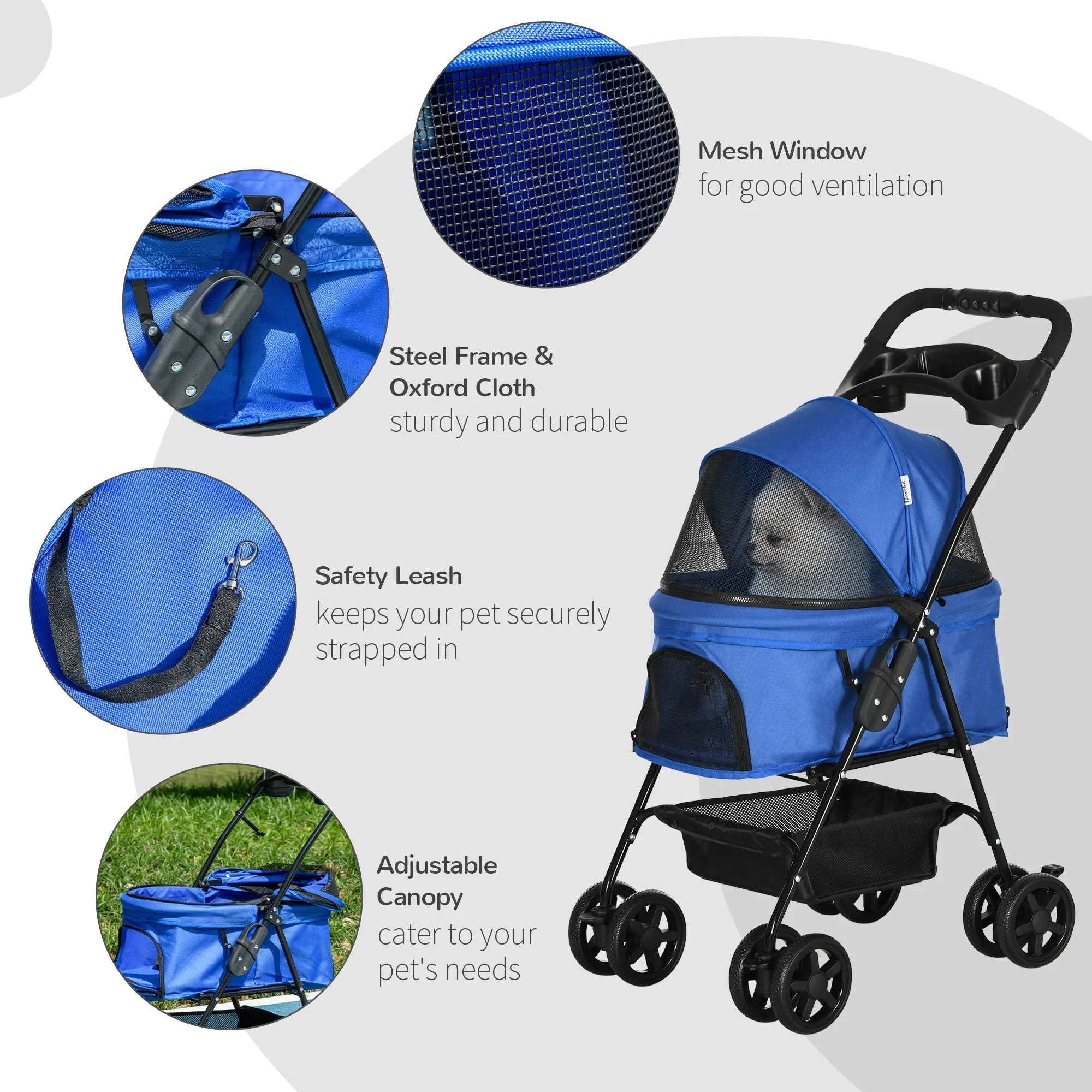 PawHut Dog Stroller Pet Cat Travel Pushchair One-Click Fold Trolley Jogger with EVA Wheels Brake Basket Adjustable Canopy Safety Leash for Small Dogs - Image 3