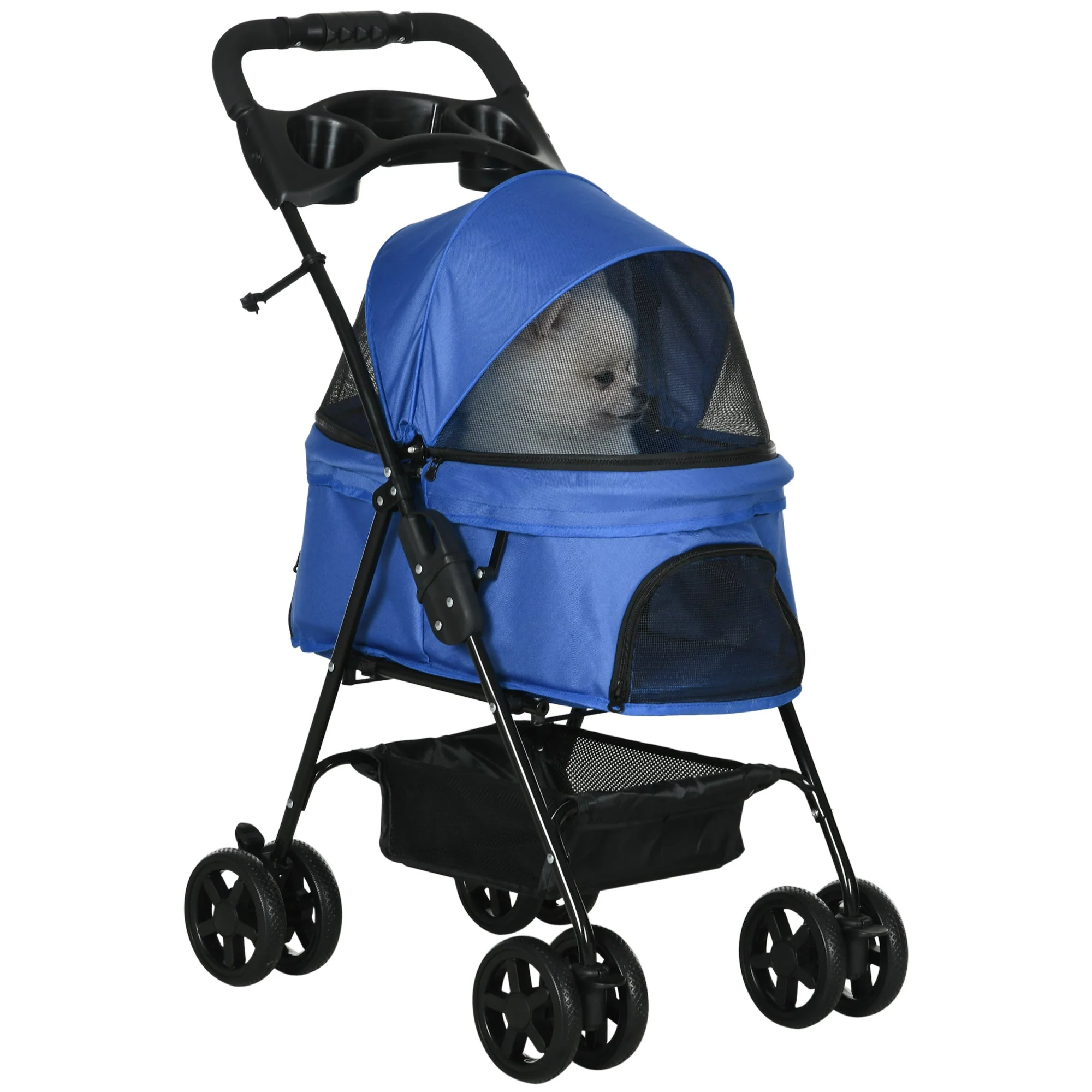 PawHut Dog Stroller Pet Cat Travel Pushchair One-Click Fold Trolley Jogger with EVA Wheels Brake Basket Adjustable Canopy Safety Leash for Small Dogs - Image 4