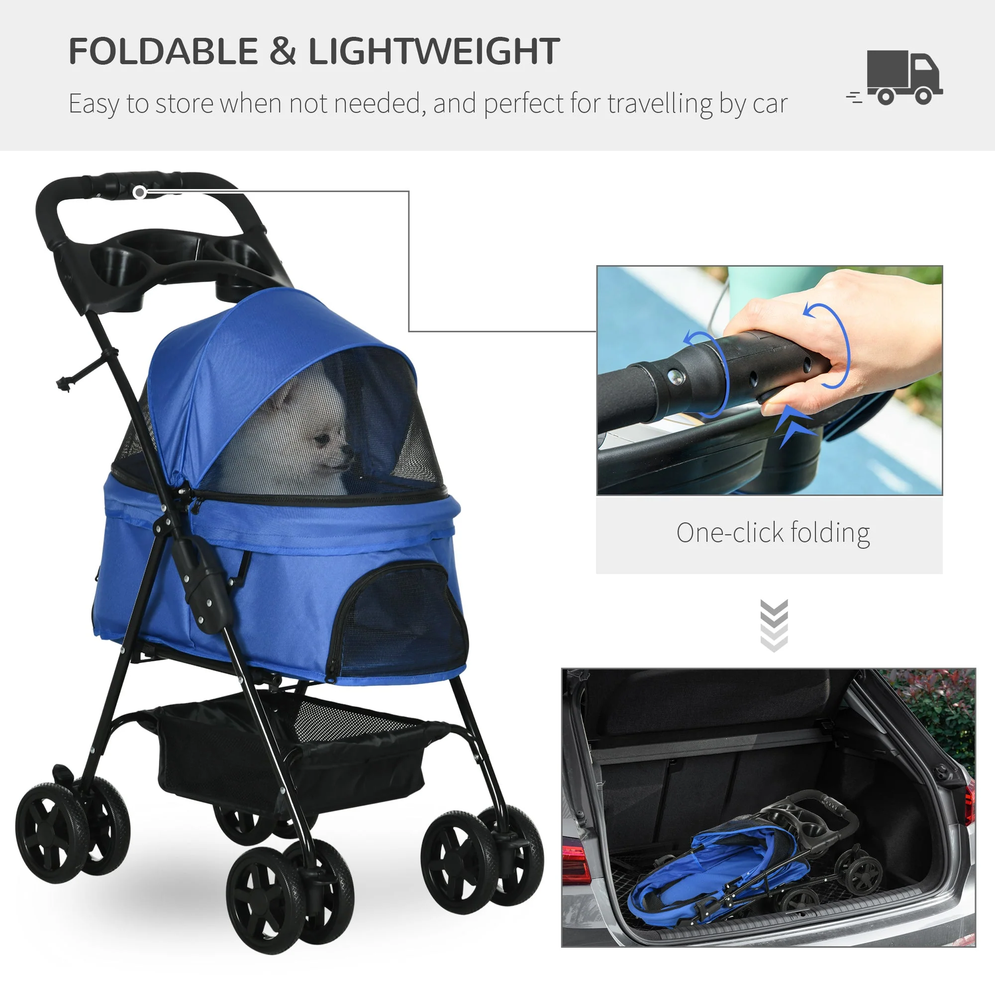 PawHut Dog Stroller Pet Cat Travel Pushchair One-Click Fold Trolley Jogger with EVA Wheels Brake Basket Adjustable Canopy Safety Leash for Small Dogs - Image 5