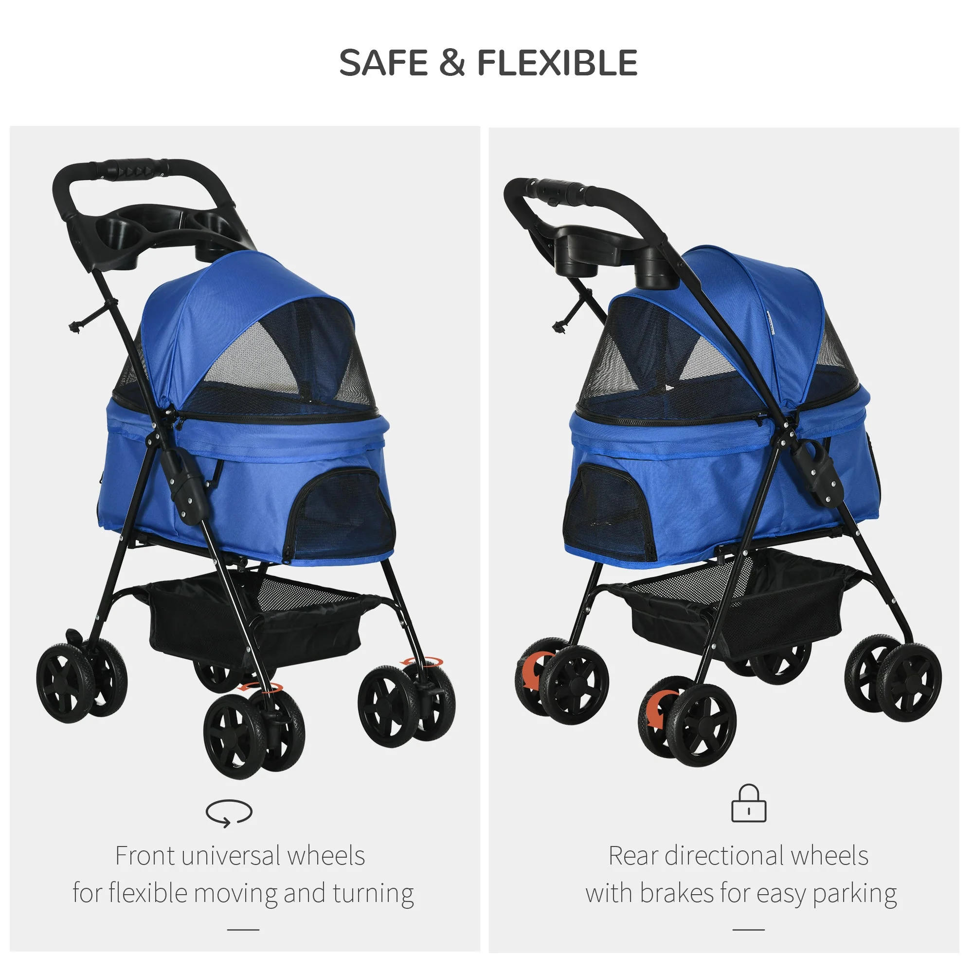 PawHut Dog Stroller Pet Cat Travel Pushchair One-Click Fold Trolley Jogger with EVA Wheels Brake Basket Adjustable Canopy Safety Leash for Small Dogs - Image 6