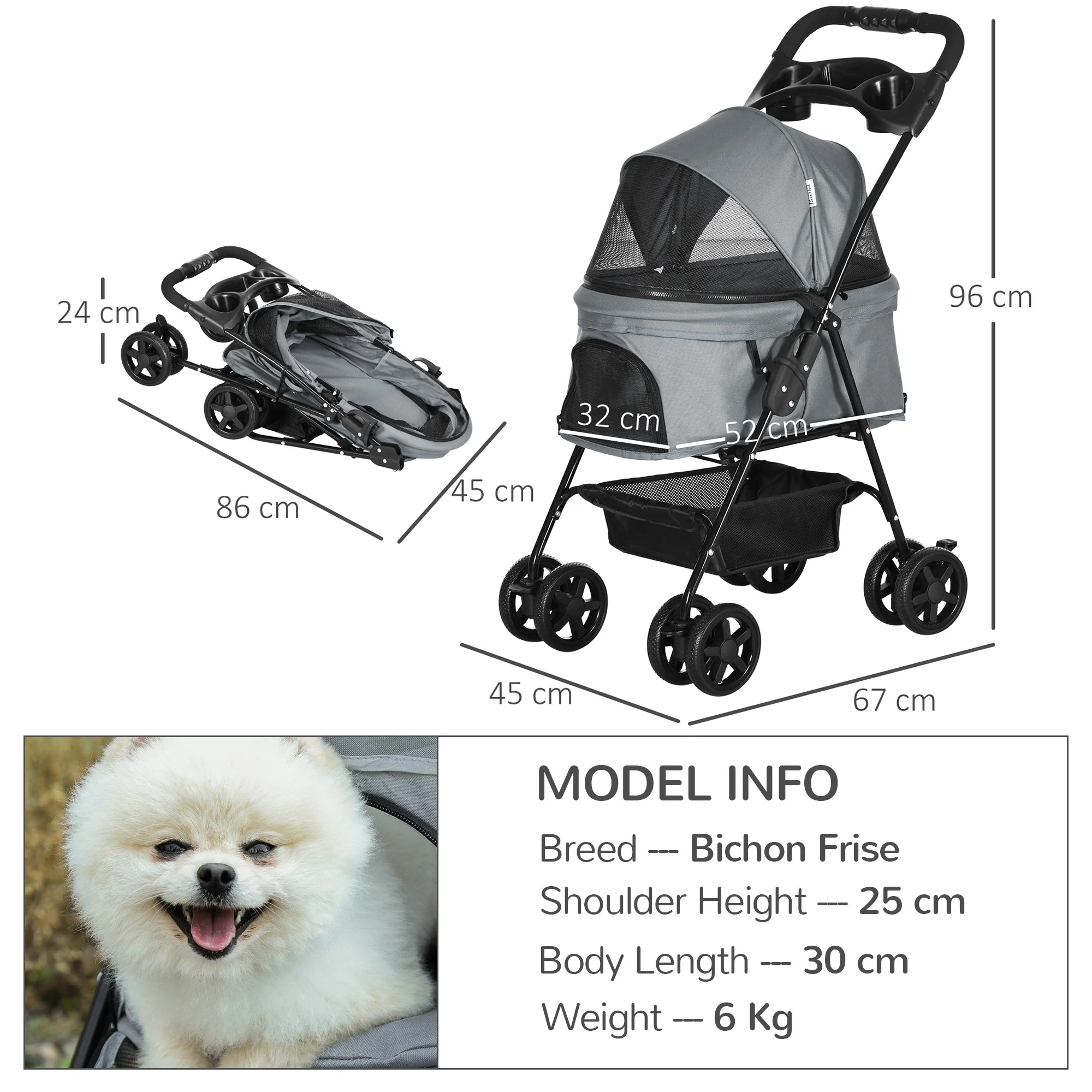 PawHut Dog Stroller Pet Cat Travel Pushchair One-Click Fold Trolley Jogger with EVA Wheels Brake Basket Adjustable Canopy Safety Leash for Small Dogs - Image 2