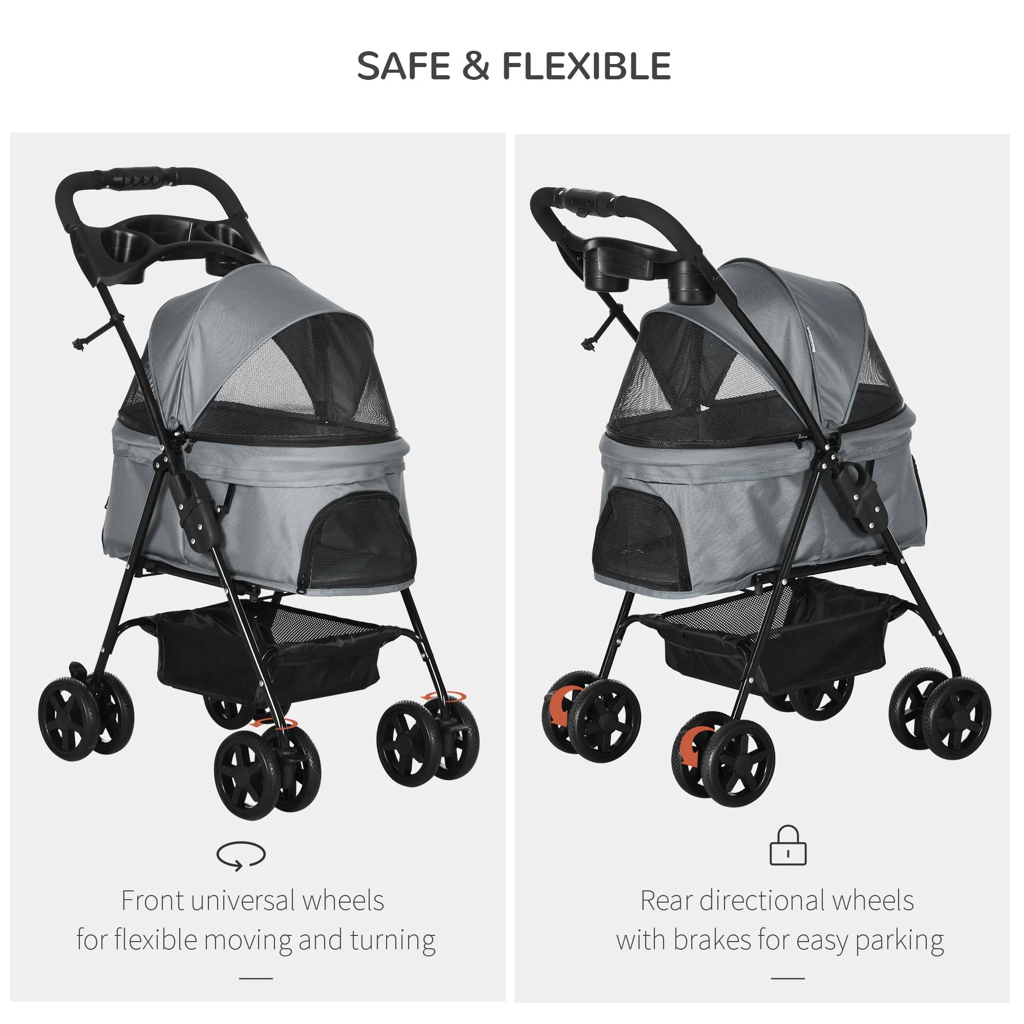 PawHut Dog Stroller Pet Cat Travel Pushchair One-Click Fold Trolley Jogger with EVA Wheels Brake Basket Adjustable Canopy Safety Leash for Small Dogs - Image 3