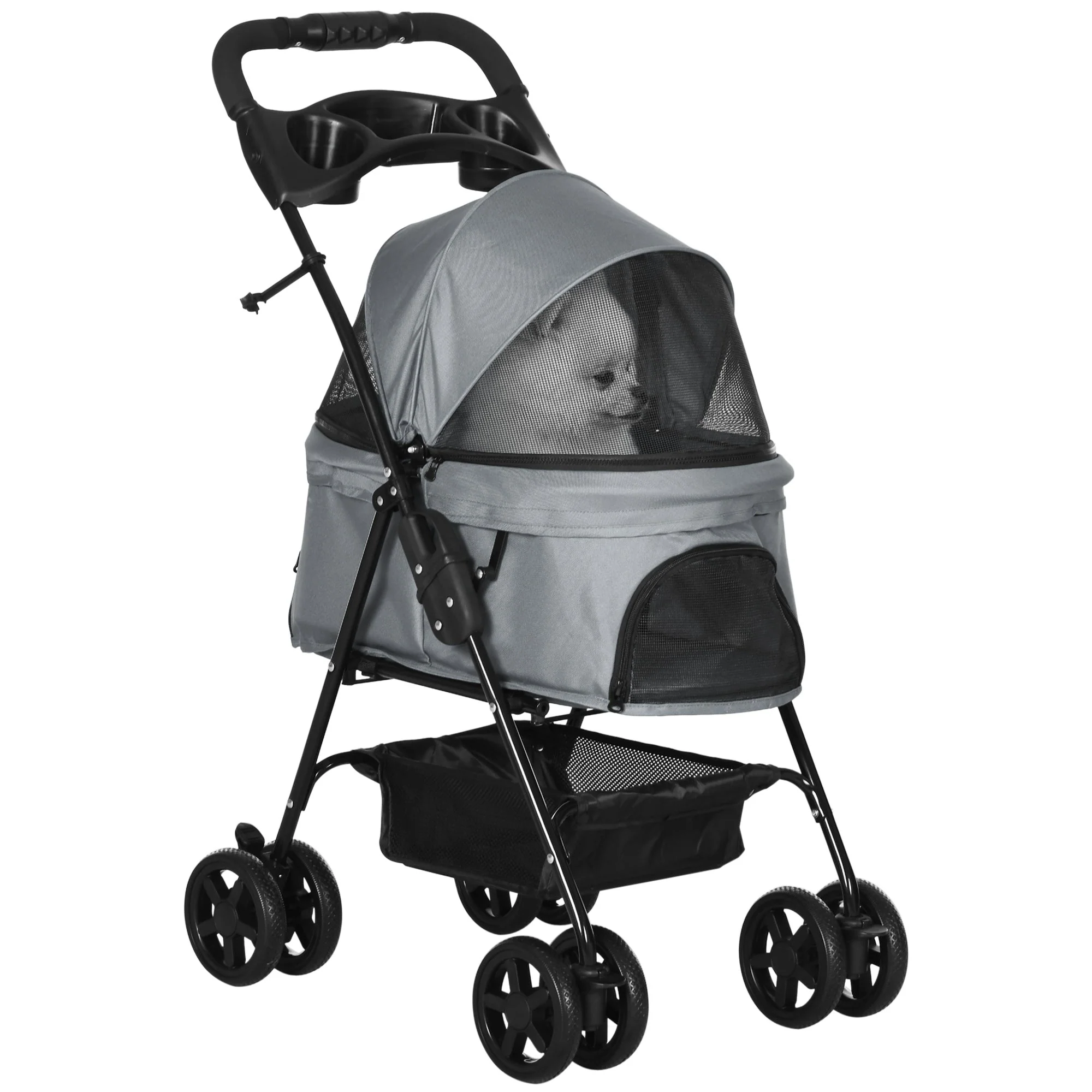 PawHut Dog Stroller Pet Cat Travel Pushchair One-Click Fold Trolley Jogger with EVA Wheels Brake Basket Adjustable Canopy Safety Leash for Small Dogs - Image 6