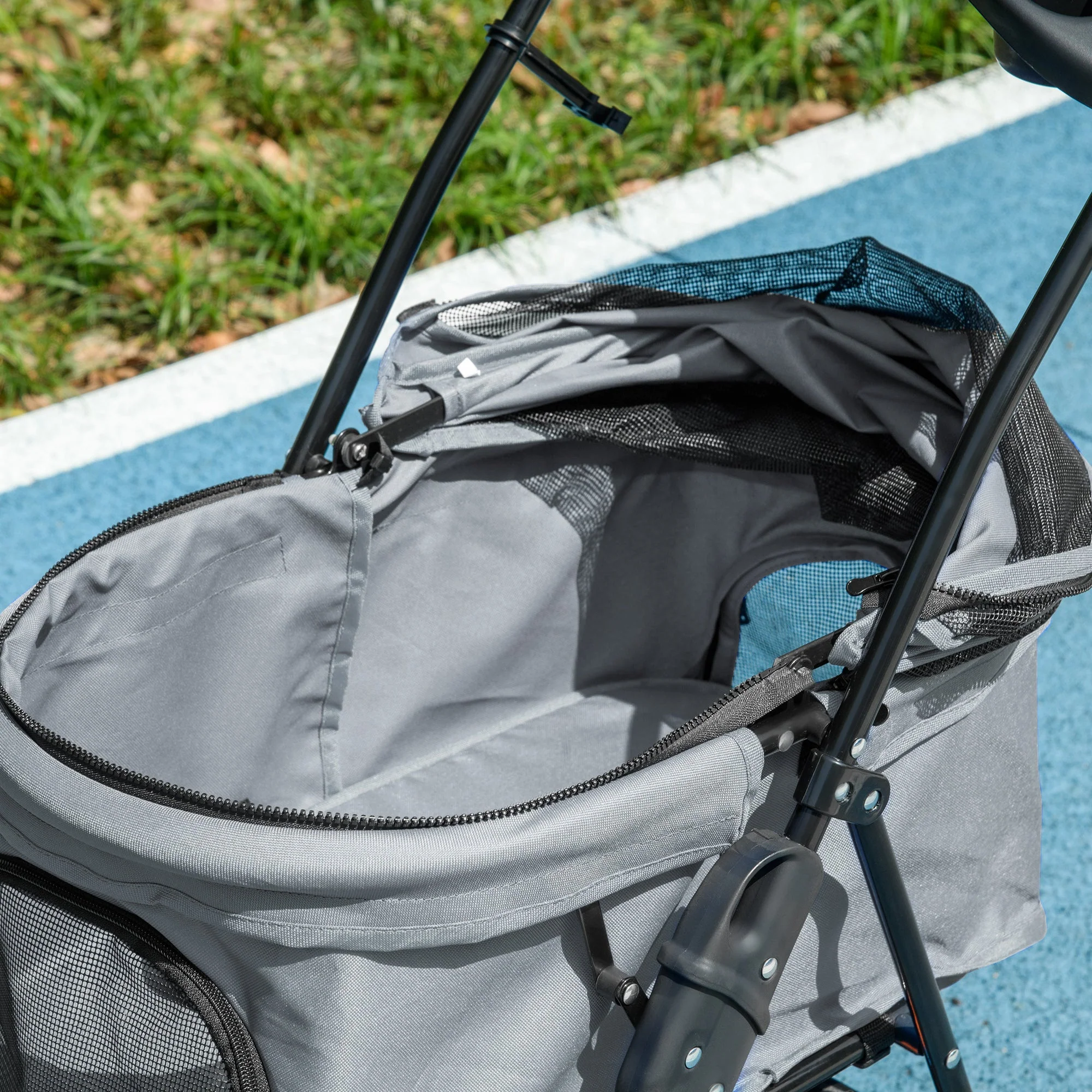 PawHut Dog Stroller Pet Cat Travel Pushchair One-Click Fold Trolley Jogger with EVA Wheels Brake Basket Adjustable Canopy Safety Leash for Small Dogs - Image 9