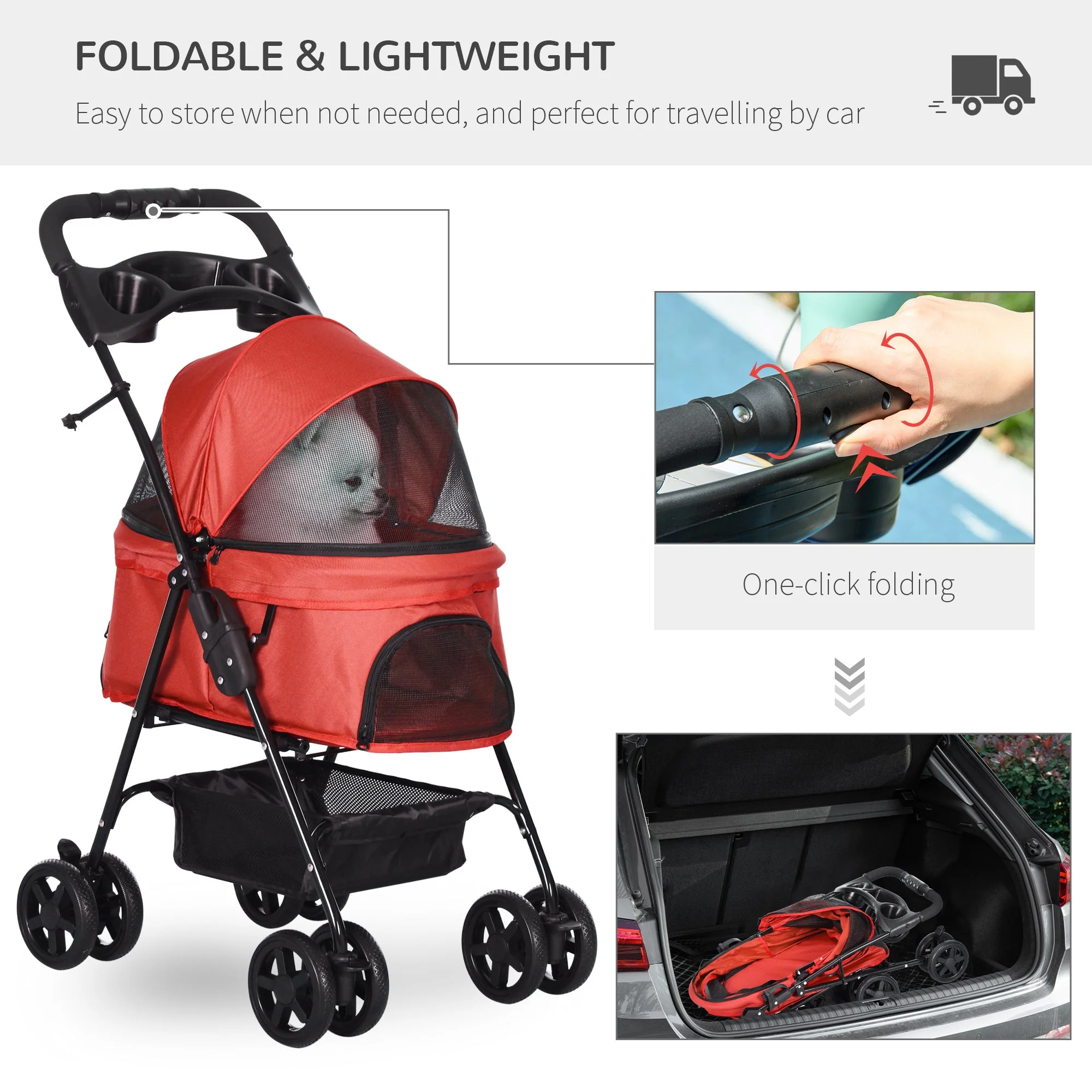 PawHut Dog Stroller Pet Cat Travel Pushchair One-Click Fold Trolley Jogger with EVA Wheels Brake Basket Adjustable Canopy Safety Leash for Small Dogs - Image 2