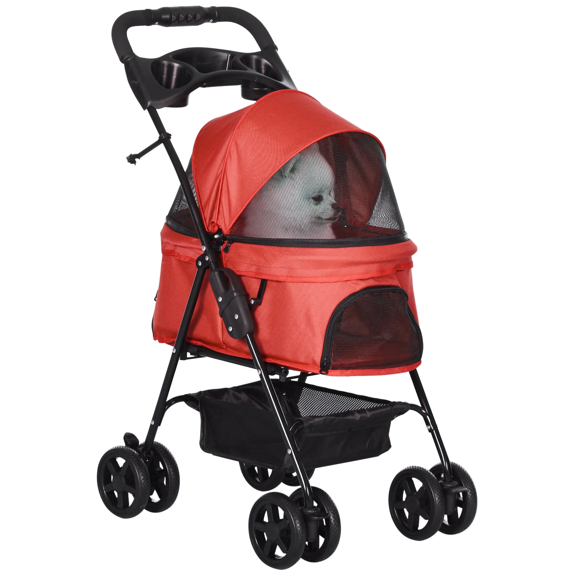 PawHut Dog Stroller Pet Cat Travel Pushchair One-Click Fold Trolley Jogger with EVA Wheels Brake Basket Adjustable Canopy Safety Leash for Small Dogs - Image 3