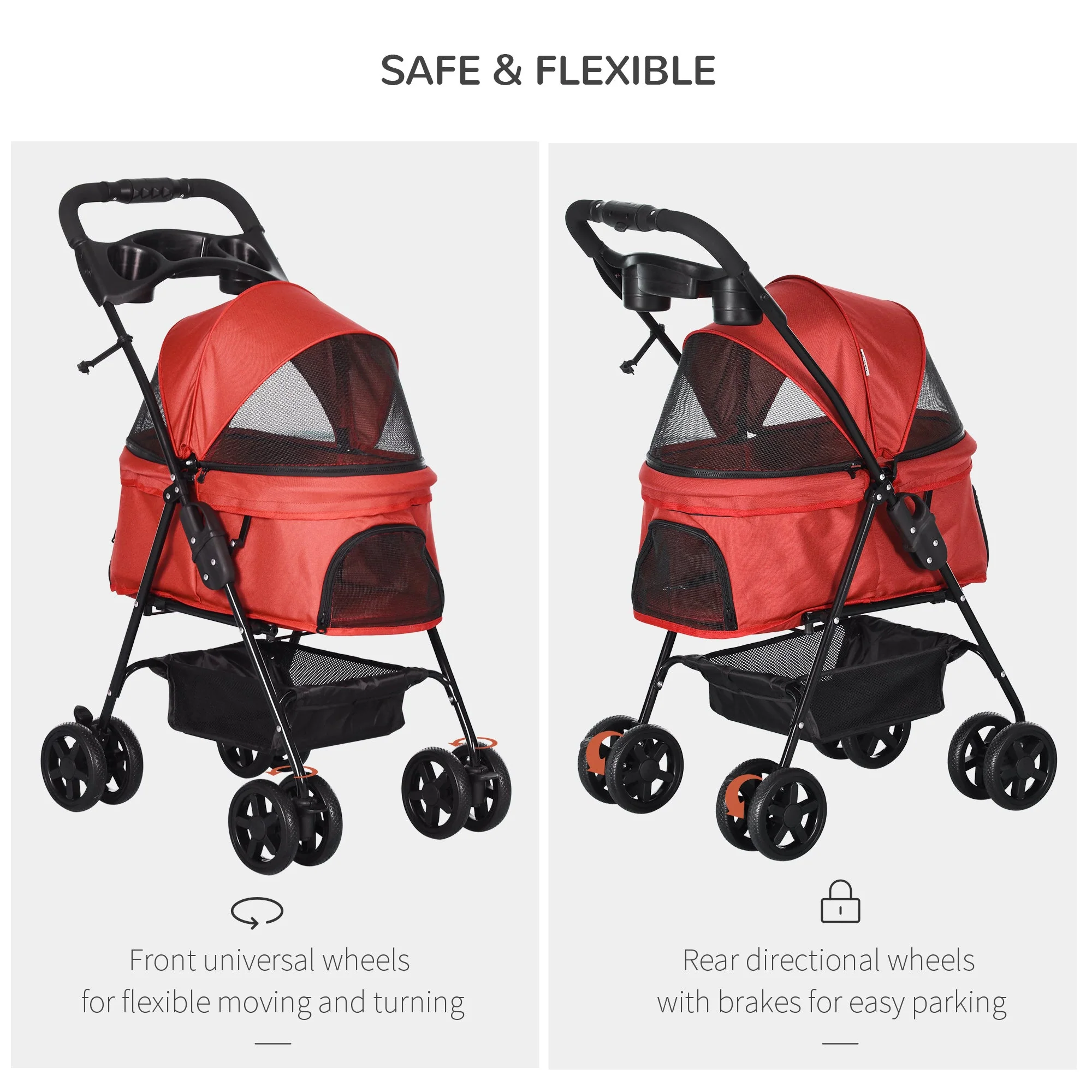 PawHut Dog Stroller Pet Cat Travel Pushchair One-Click Fold Trolley Jogger with EVA Wheels Brake Basket Adjustable Canopy Safety Leash for Small Dogs - Image 5