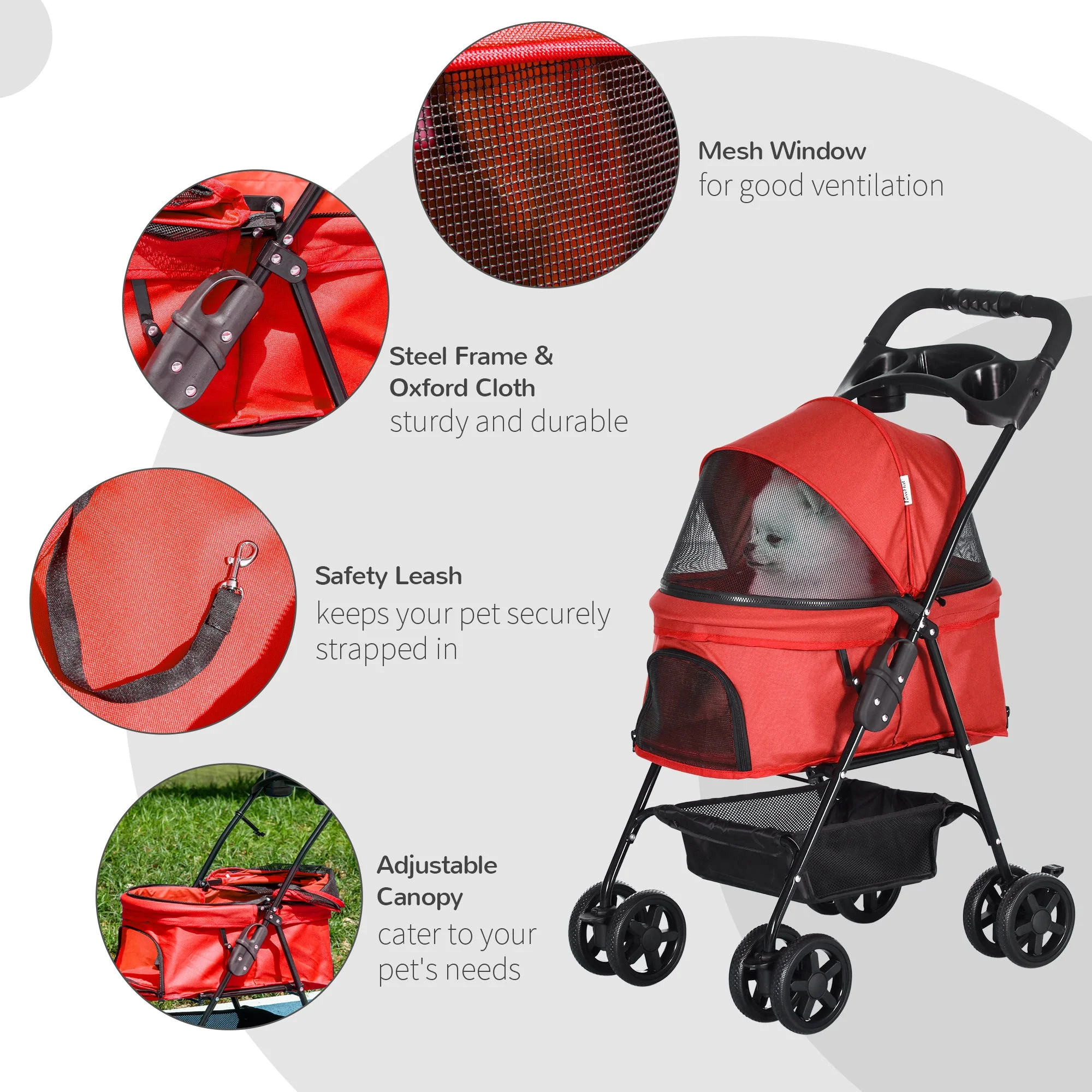 PawHut Dog Stroller Pet Cat Travel Pushchair One-Click Fold Trolley Jogger with EVA Wheels Brake Basket Adjustable Canopy Safety Leash for Small Dogs - Image 6