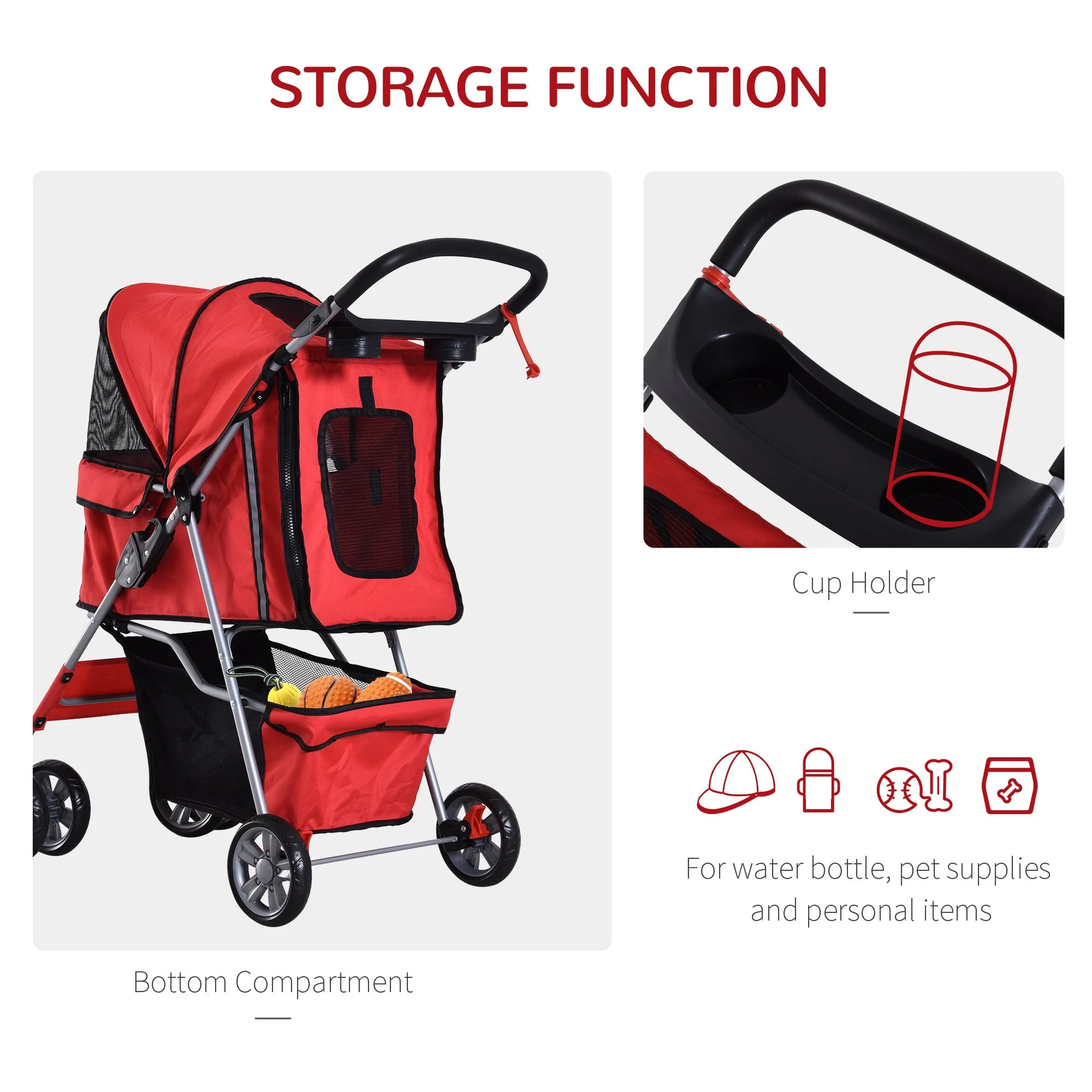 PawHut Dog Stroller Pushchair Pet 600D Oxford Cloth Pram Red - Suitable for Small Pets - Image 6