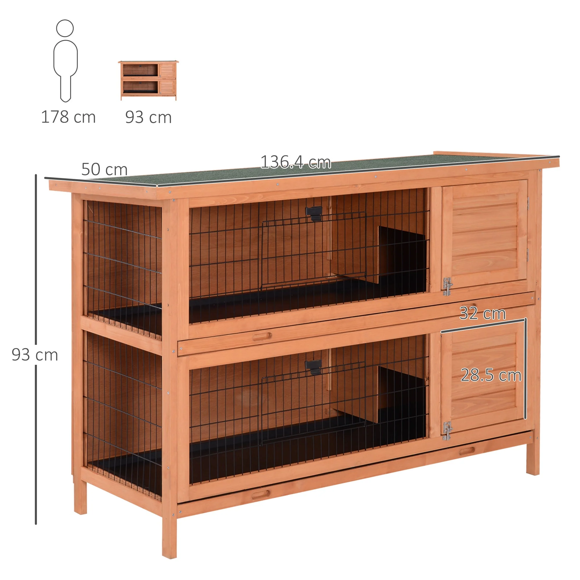 PawHut Double Decker Rabbit Hutch 4FT Guinea Pig Cage with No Leak Trays for Outdoor - Image 3