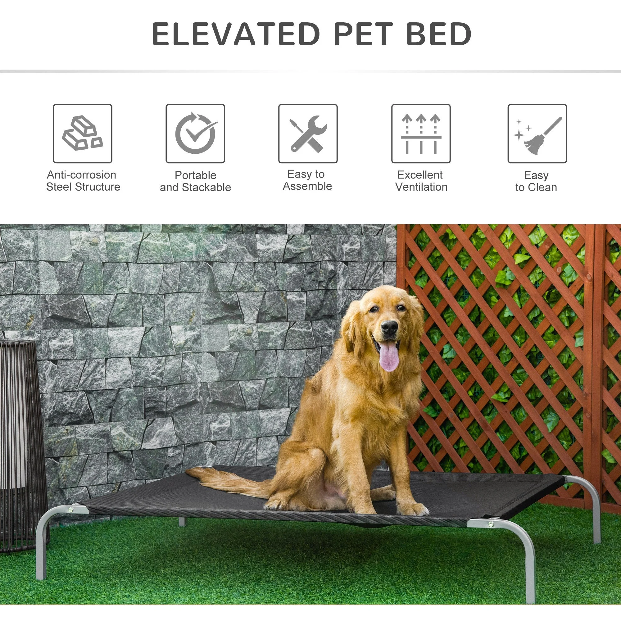 PawHut Elevated Pet Bed Cooling Raised Cot-Style Bed for Large Sized Dogs with Non-slip Pads Steel Frame Breathable Mesh Fabric - Image 4
